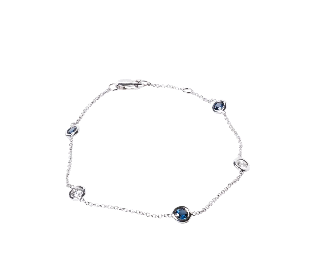14k White Gold Diamond and Sapphire Bezel Set Station Bracelet
