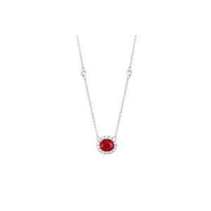 14K White Gold East to West Oval Ruby with Diamond Halo Pendant Necklace