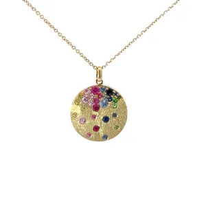 14k Yellow Gold .62ctw Rainbow Sapphire, Ruby, and Tsavorite Garnet Disk Pendant Necklace