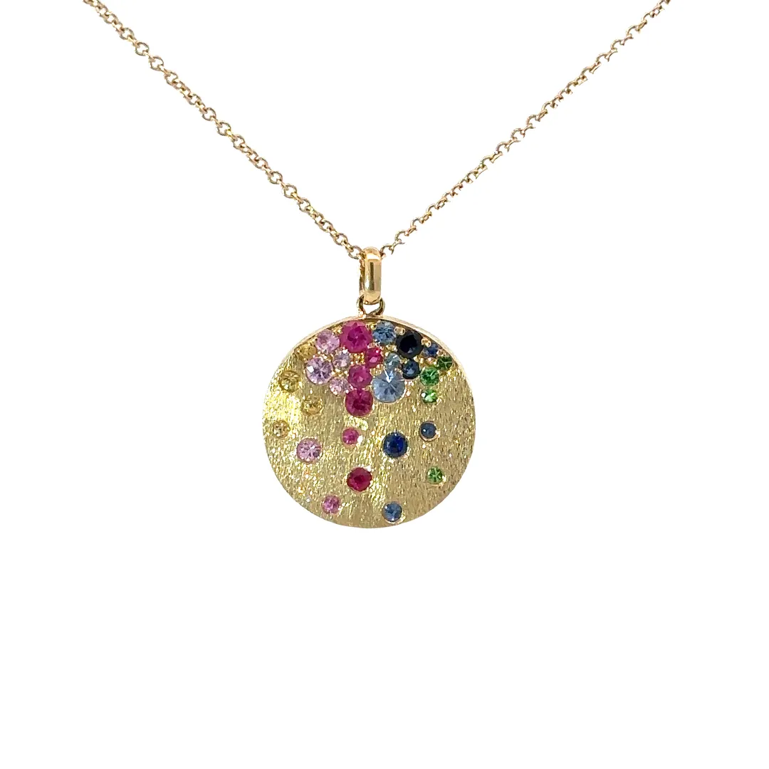 14k Yellow Gold .62ctw Rainbow Sapphire, Ruby, and Tsavorite Garnet Disk Pendant Necklace