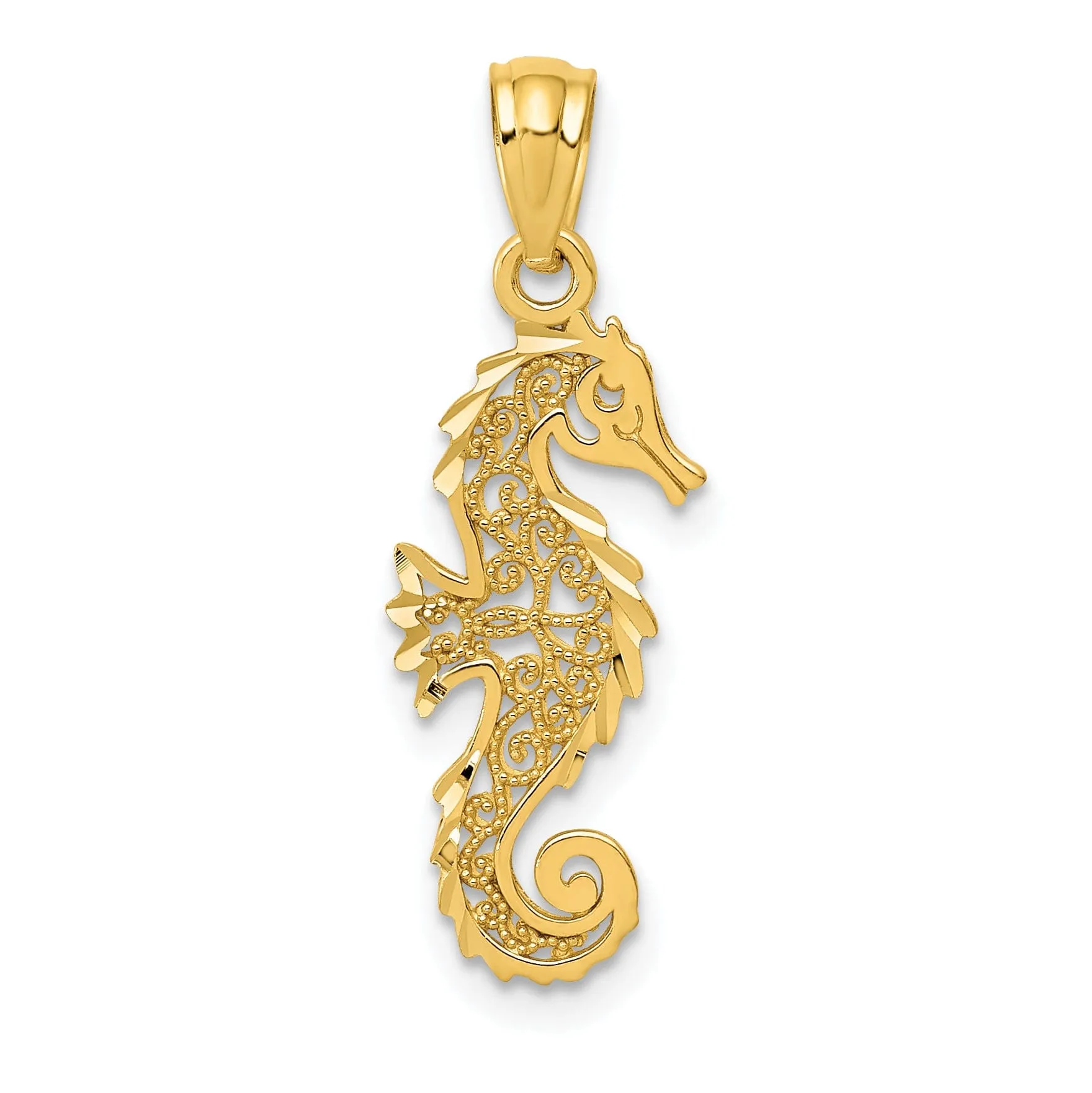 14k Yellow Gold Solid Polished Diamond Cut Finish Filigree Design Men's Seahorse Charm Pendant