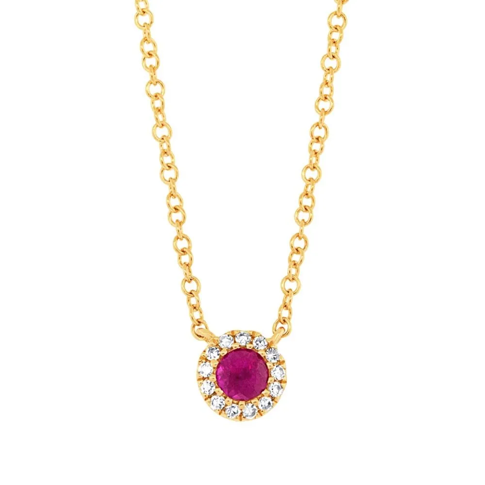 14KT GOLD 0.14 CT RUBY & 0.04 CTW DIAMOND PETITE HALO NECKLACE