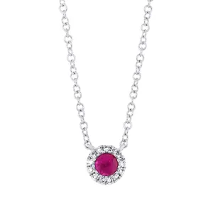 14KT GOLD 0.14 CT RUBY & 0.04 CTW DIAMOND PETITE HALO NECKLACE
