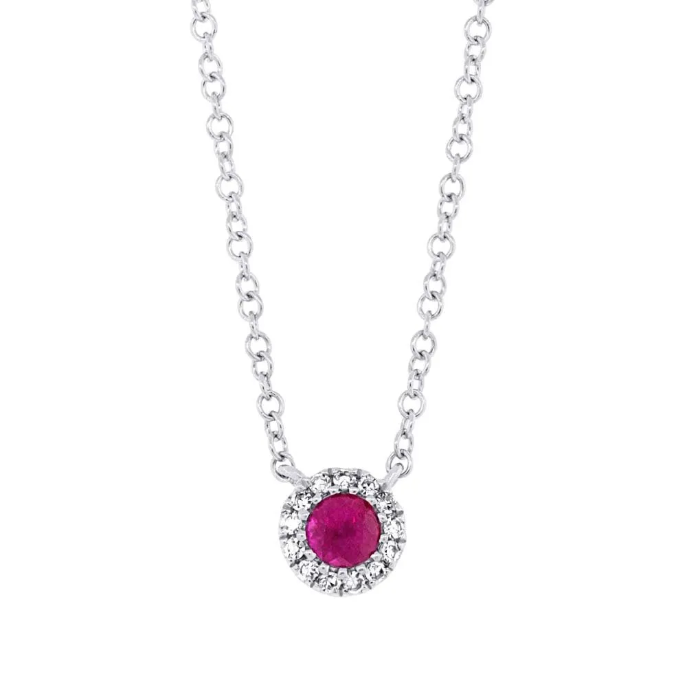 14KT GOLD 0.14 CT RUBY & 0.04 CTW DIAMOND PETITE HALO NECKLACE