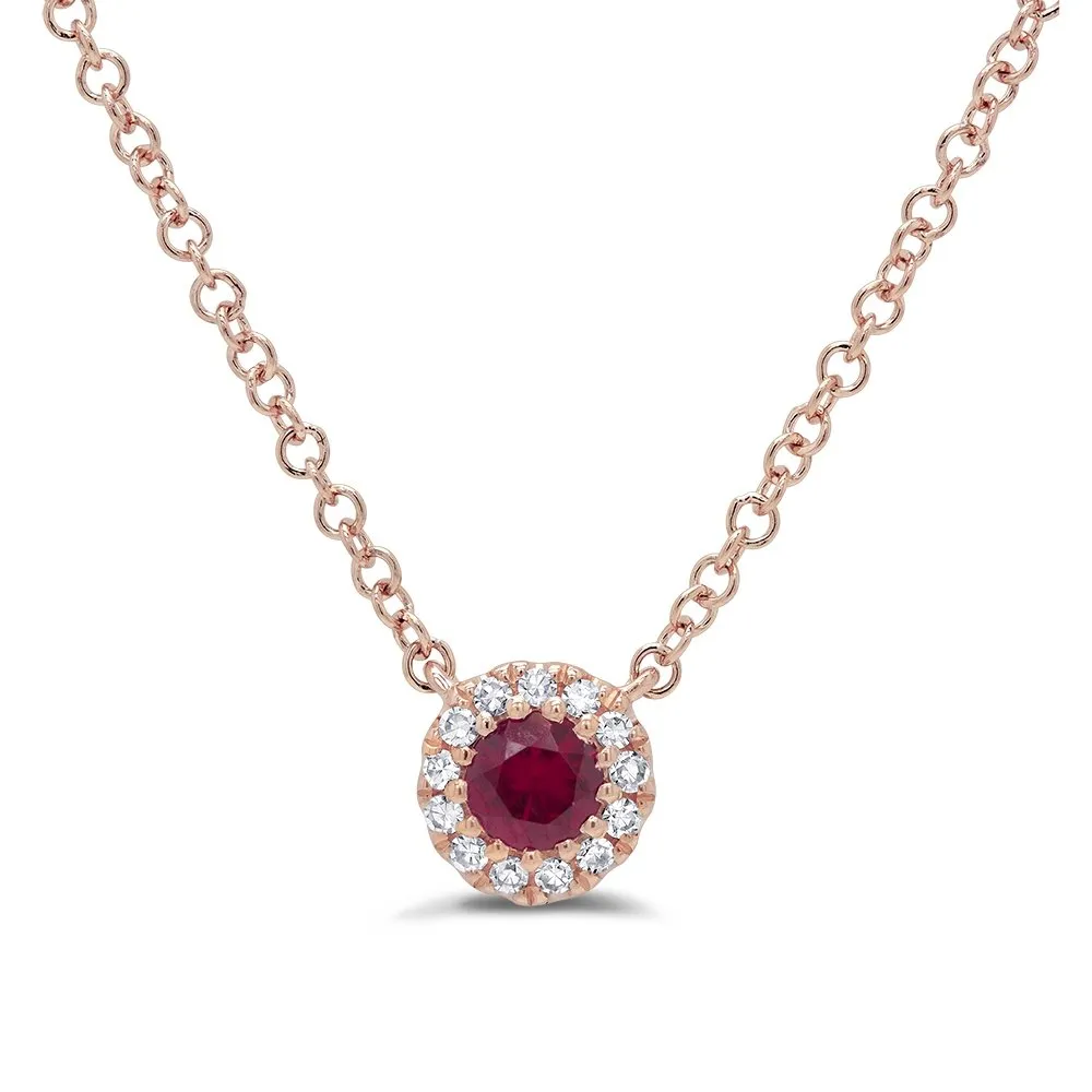 14KT GOLD 0.14 CT RUBY & 0.04 CTW DIAMOND PETITE HALO NECKLACE