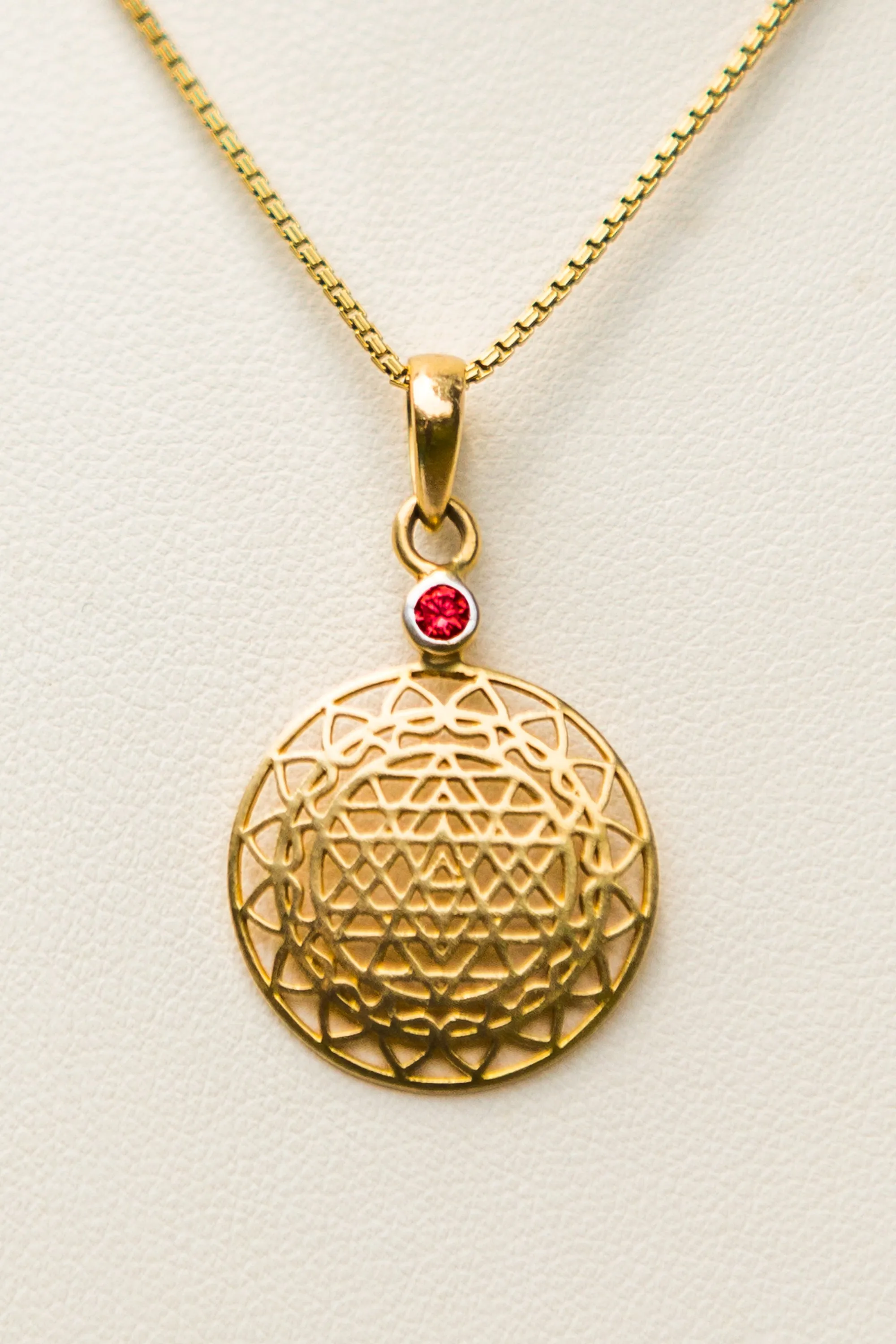 14kt Gold Sri Yantra Pendant Mounted with Ruby on 18kt Gold Chain