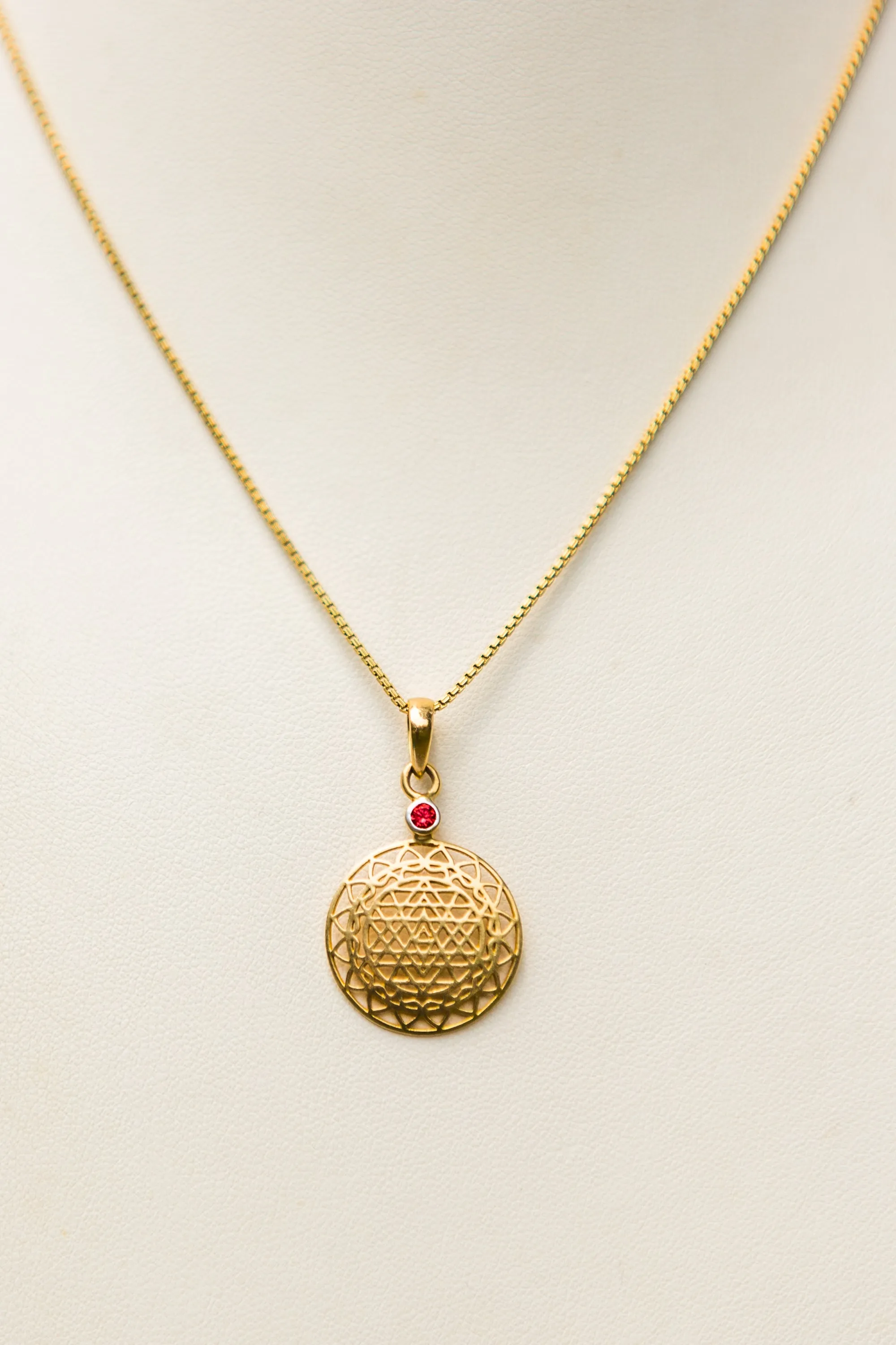 14kt Gold Sri Yantra Pendant Mounted with Ruby on 18kt Gold Chain