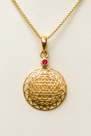 14kt Gold Sri Yantra Pendant Mounted with Ruby on 18kt Gold Chain