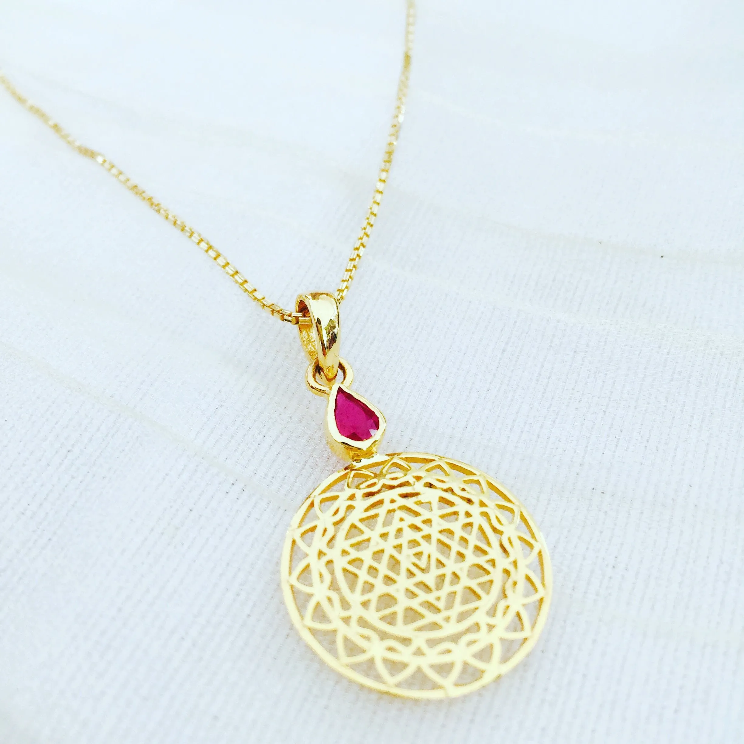 14kt Gold Sri Yantra Pendant Mounted with Ruby on 18kt Gold Chain