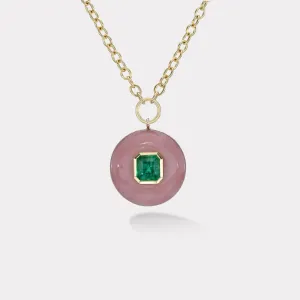 1.6ct Emerald in Hand Carved Pink Opal Lollipop Pendant