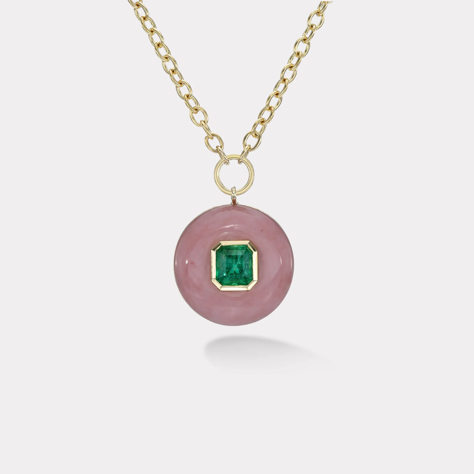 1.6ct Emerald in Hand Carved Pink Opal Lollipop Pendant