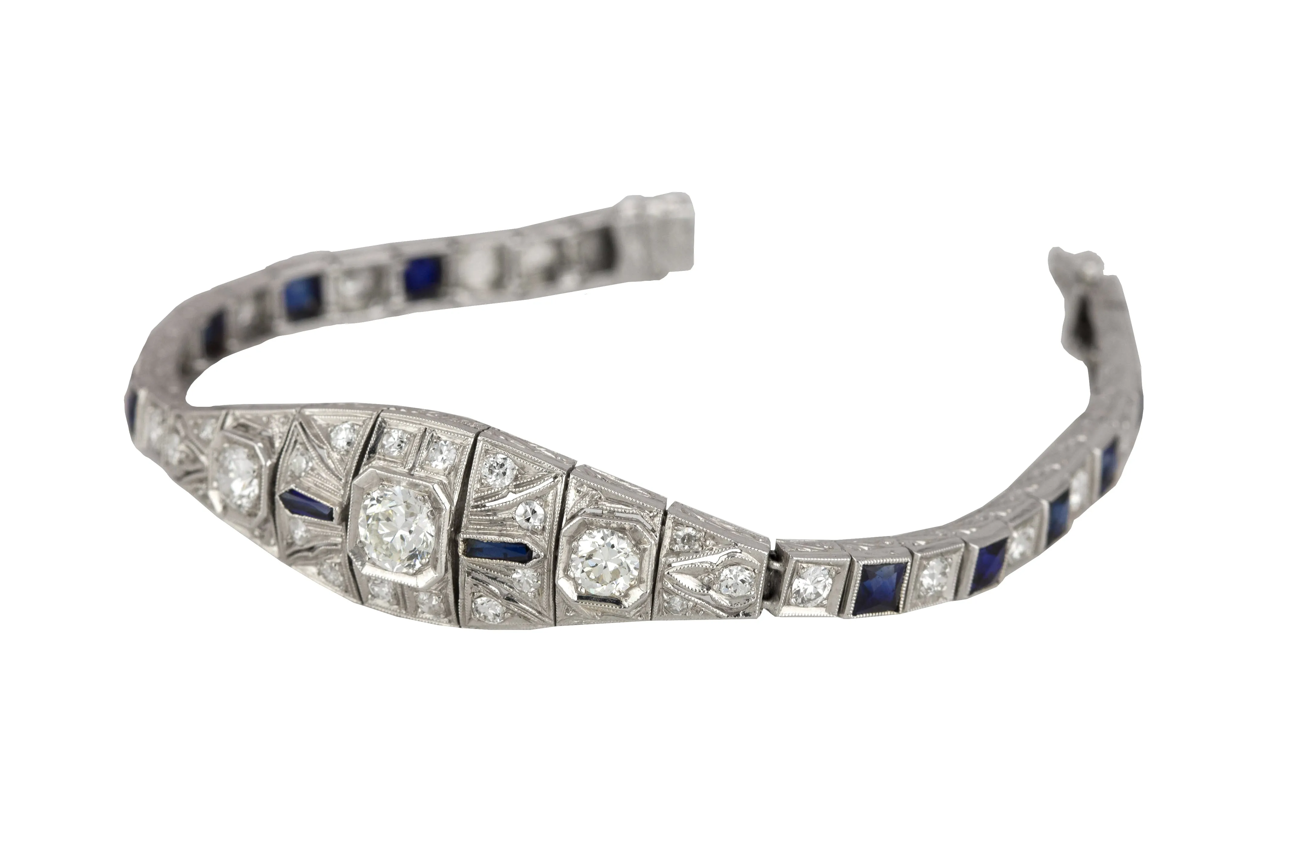 1920s Art Deco Platinum 2.36ctw Diamond & Blue Sapphire Filigree 6.50" Bracelet