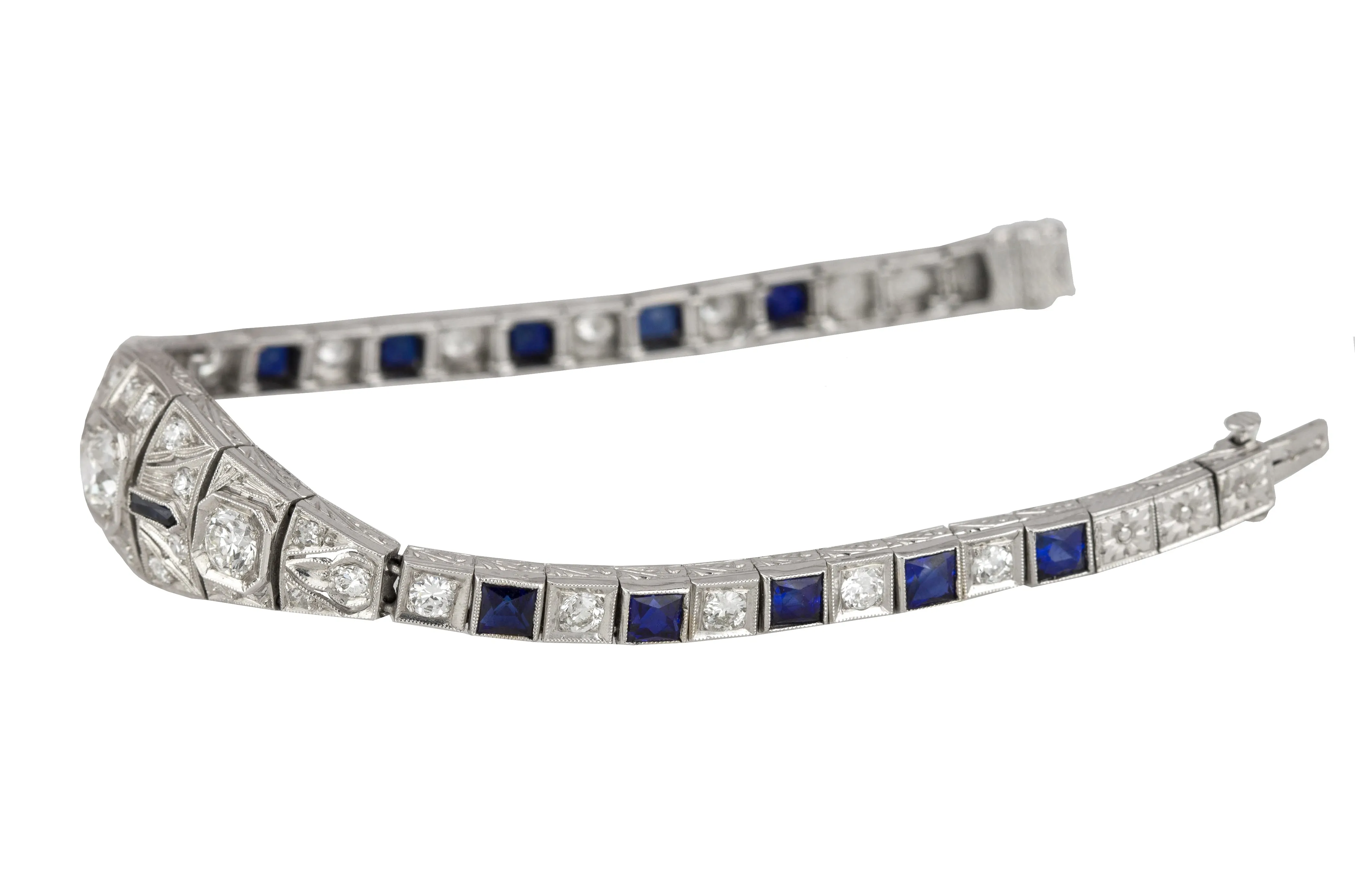 1920s Art Deco Platinum 2.36ctw Diamond & Blue Sapphire Filigree 6.50" Bracelet