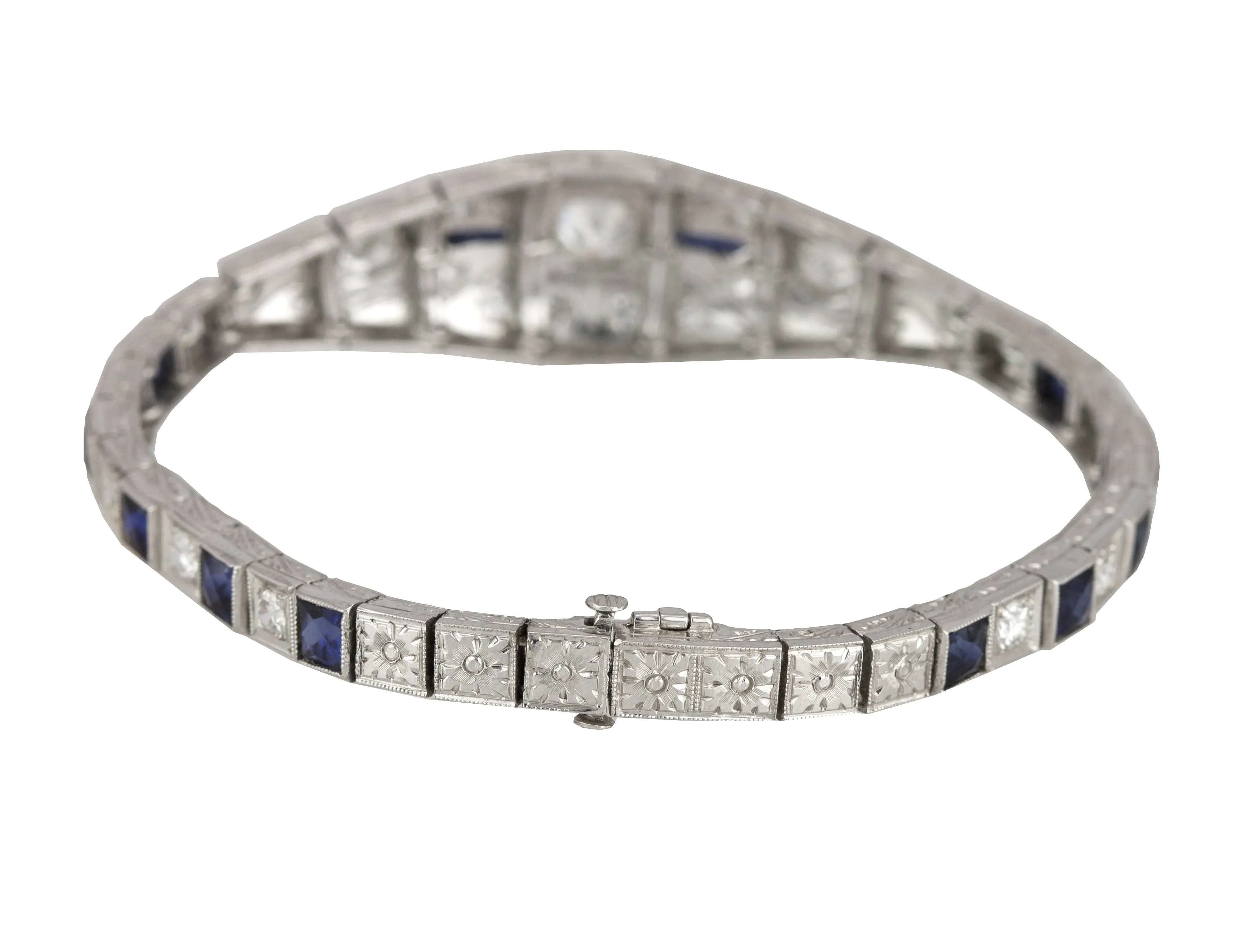 1920s Art Deco Platinum 2.36ctw Diamond & Blue Sapphire Filigree 6.50" Bracelet