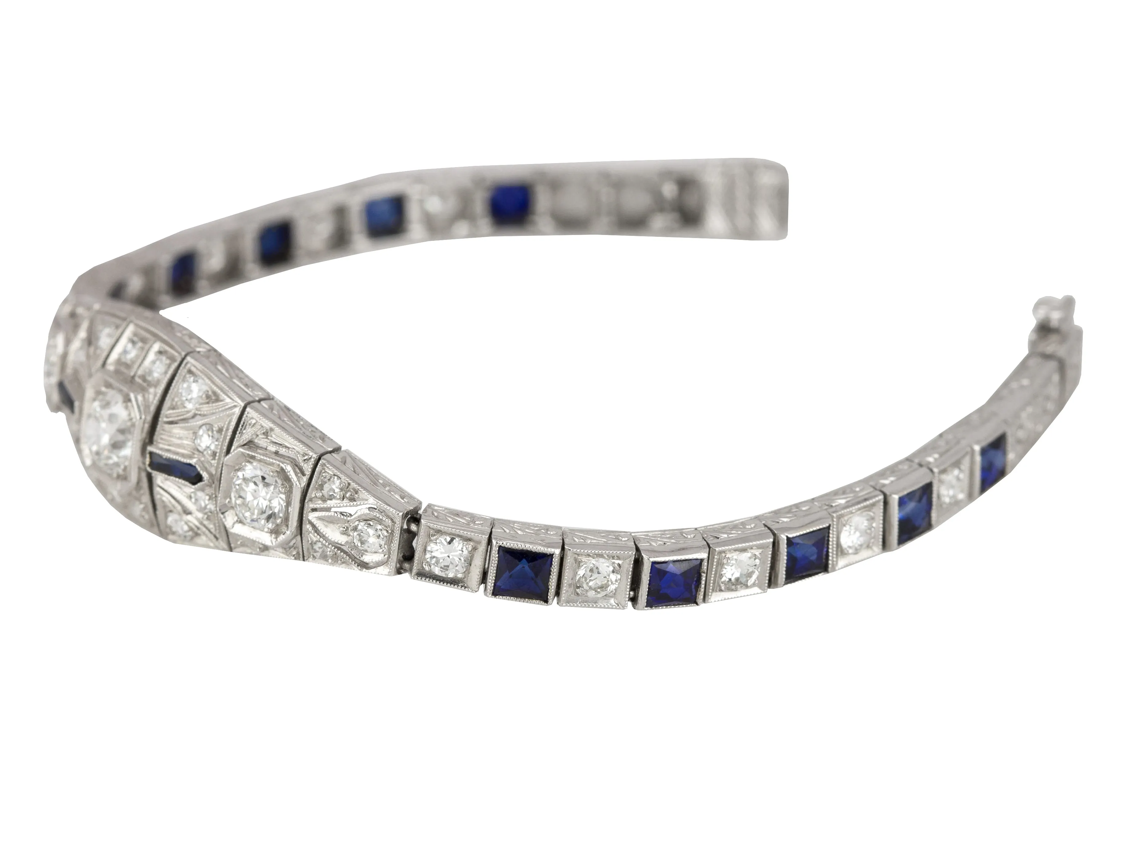 1920s Art Deco Platinum 2.36ctw Diamond & Blue Sapphire Filigree 6.50" Bracelet