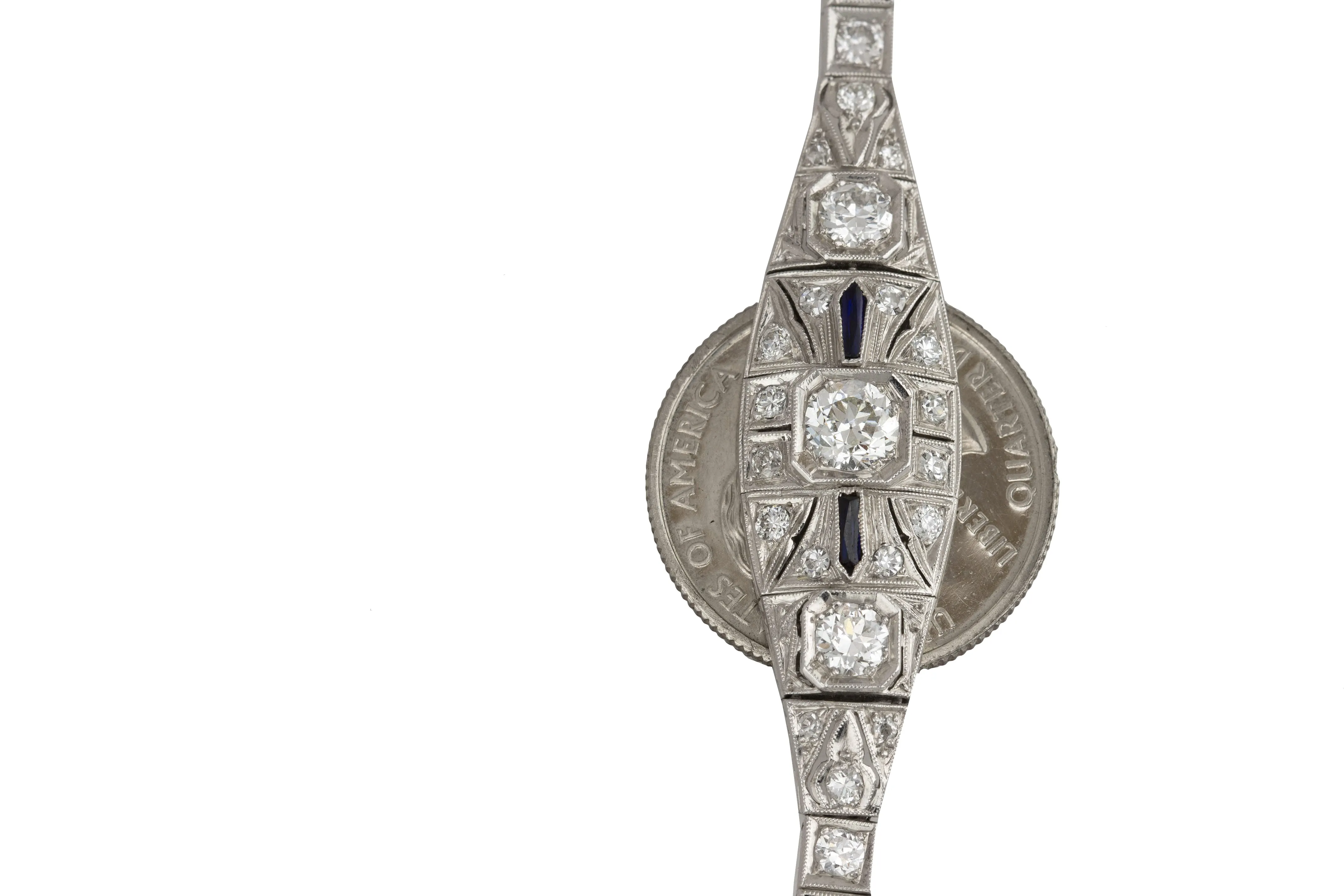 1920s Art Deco Platinum 2.36ctw Diamond & Blue Sapphire Filigree 6.50" Bracelet