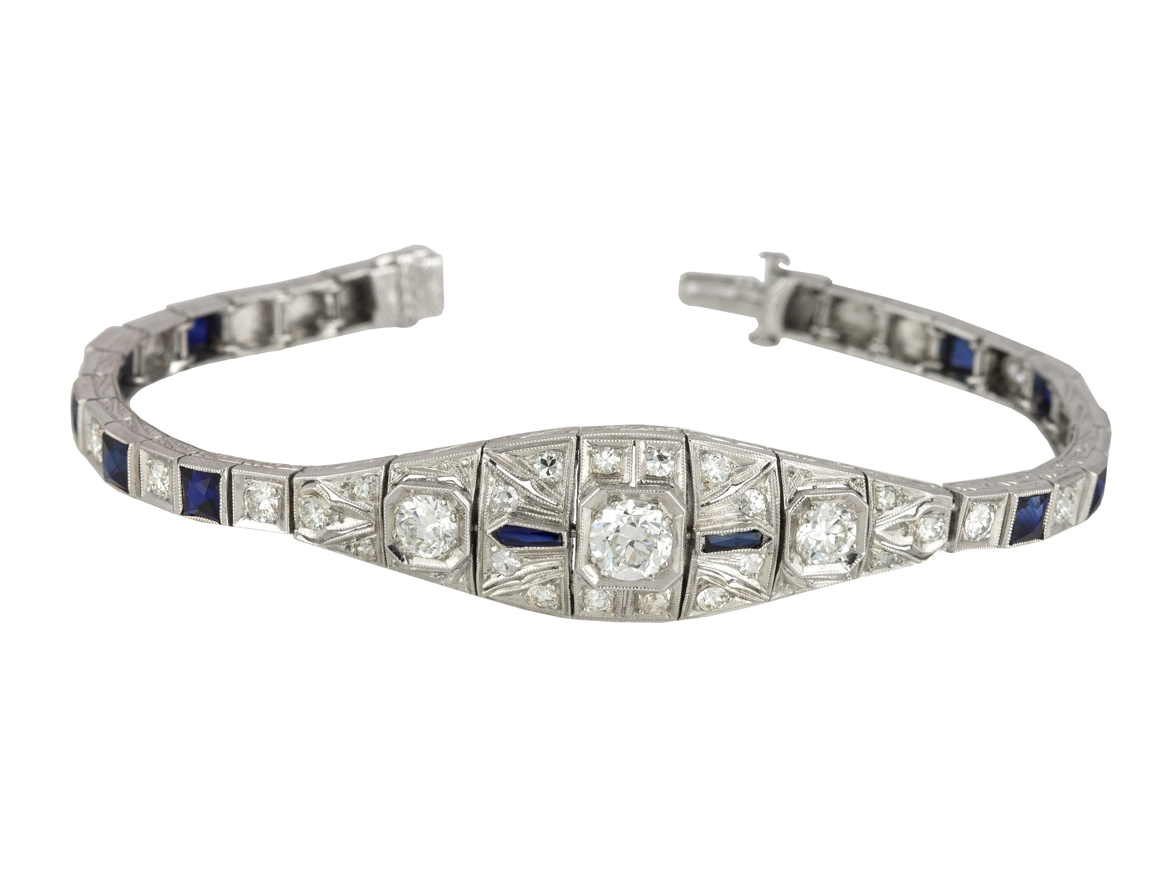 1920s Art Deco Platinum 2.36ctw Diamond & Blue Sapphire Filigree 6.50" Bracelet