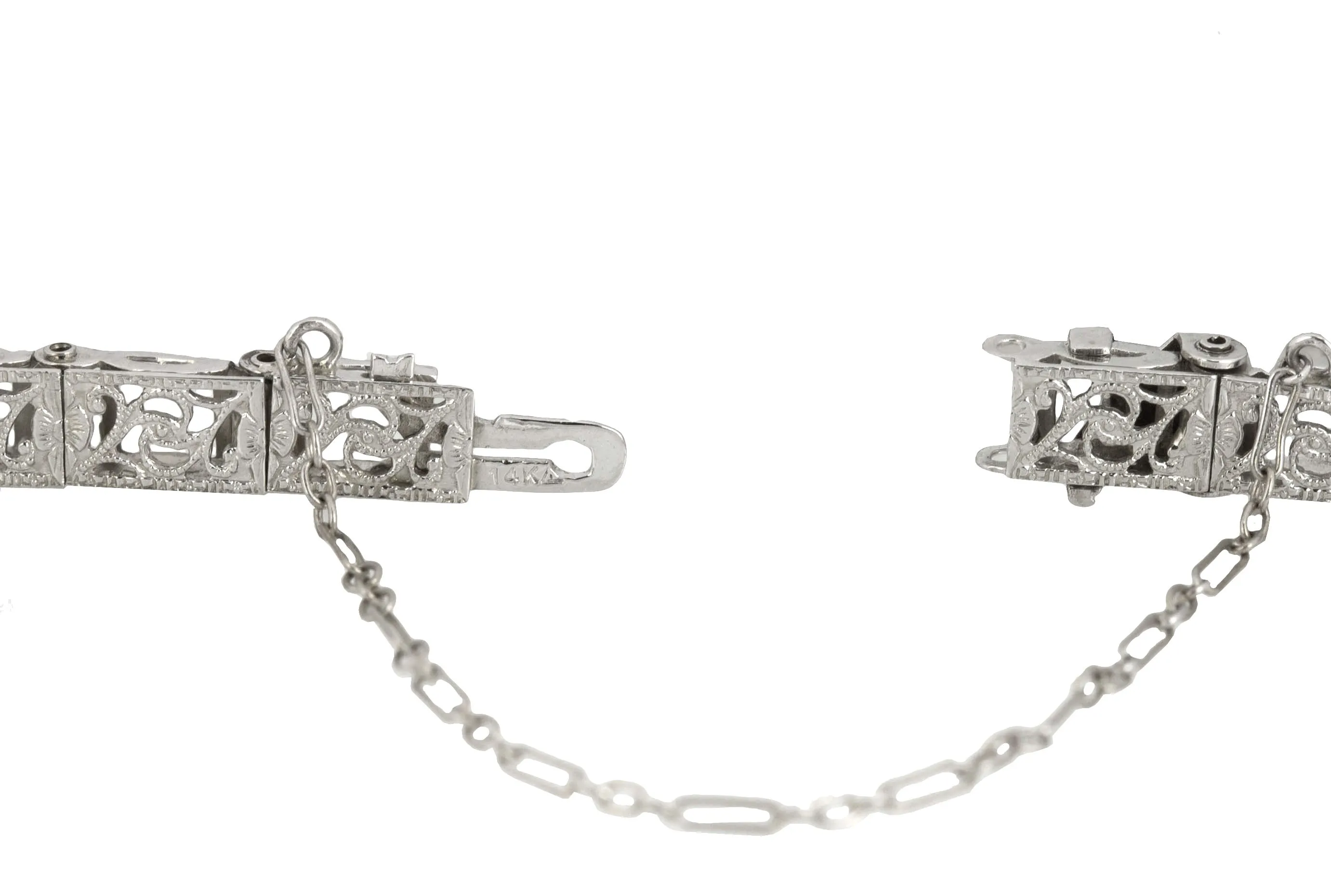 1930's Art Deco 14K White Gold 0.04ctw Diamond Sapphire Floral Filigree Bracelet