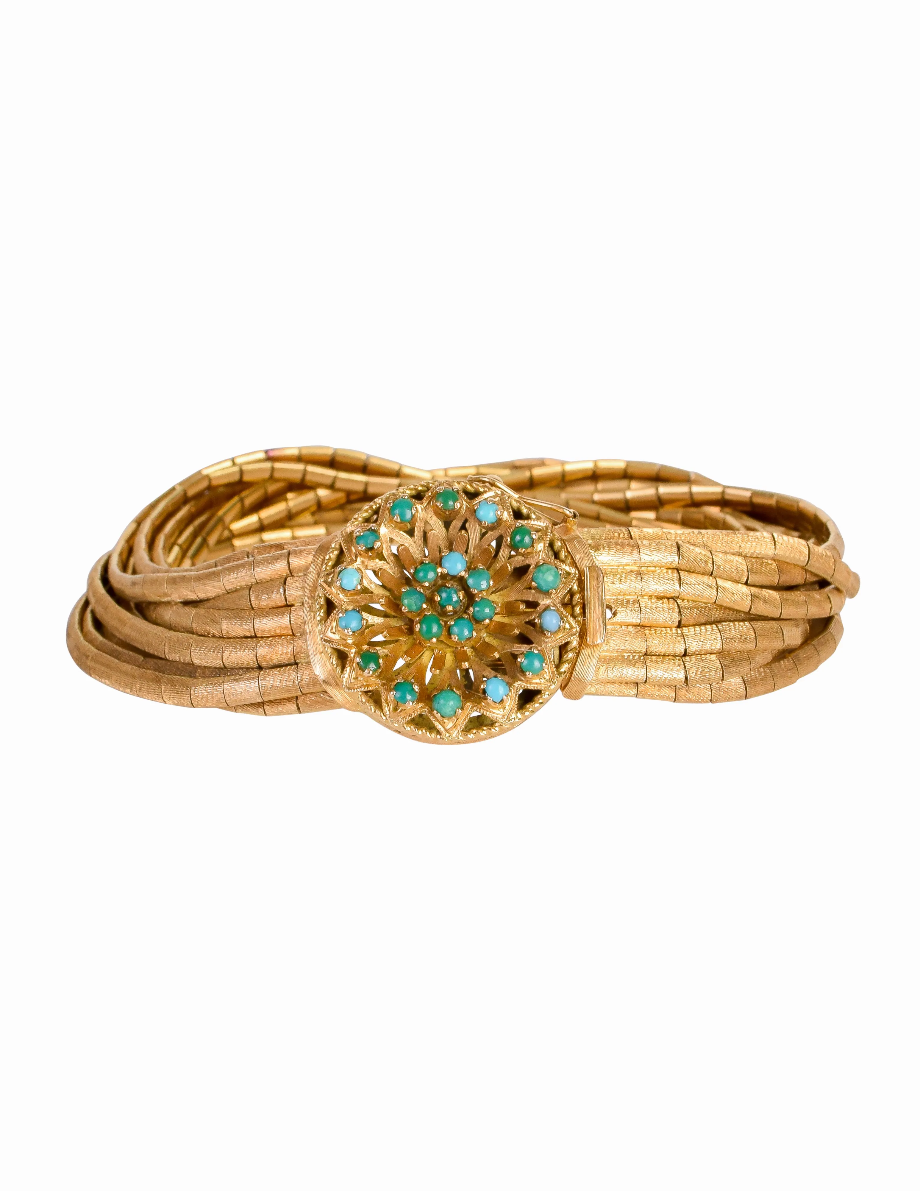 1960s Vintage Mid Century Italian 750 Gold (18k) Florentine Finish Filigree Turquoise Multistrand Spaghetti Bracelet