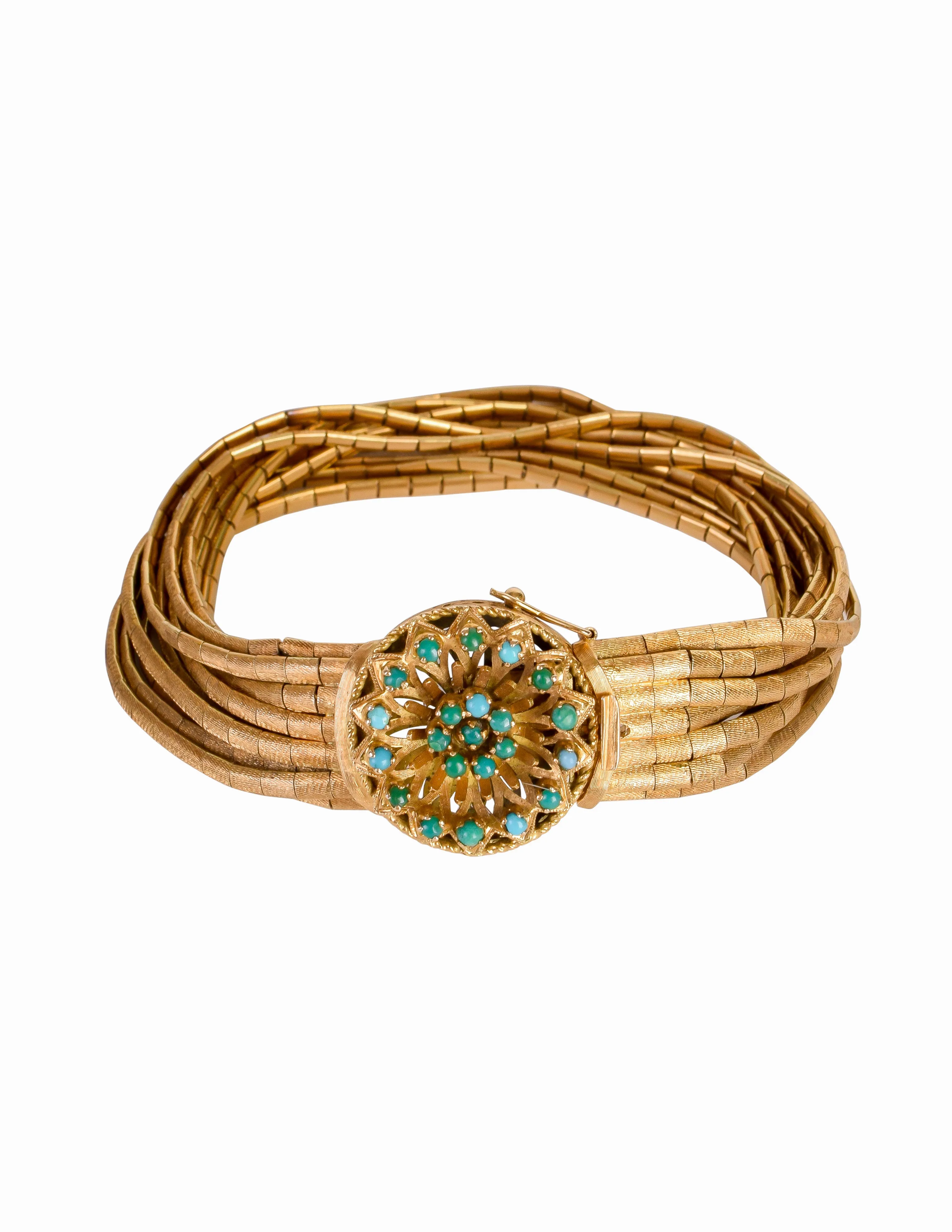 1960s Vintage Mid Century Italian 750 Gold (18k) Florentine Finish Filigree Turquoise Multistrand Spaghetti Bracelet