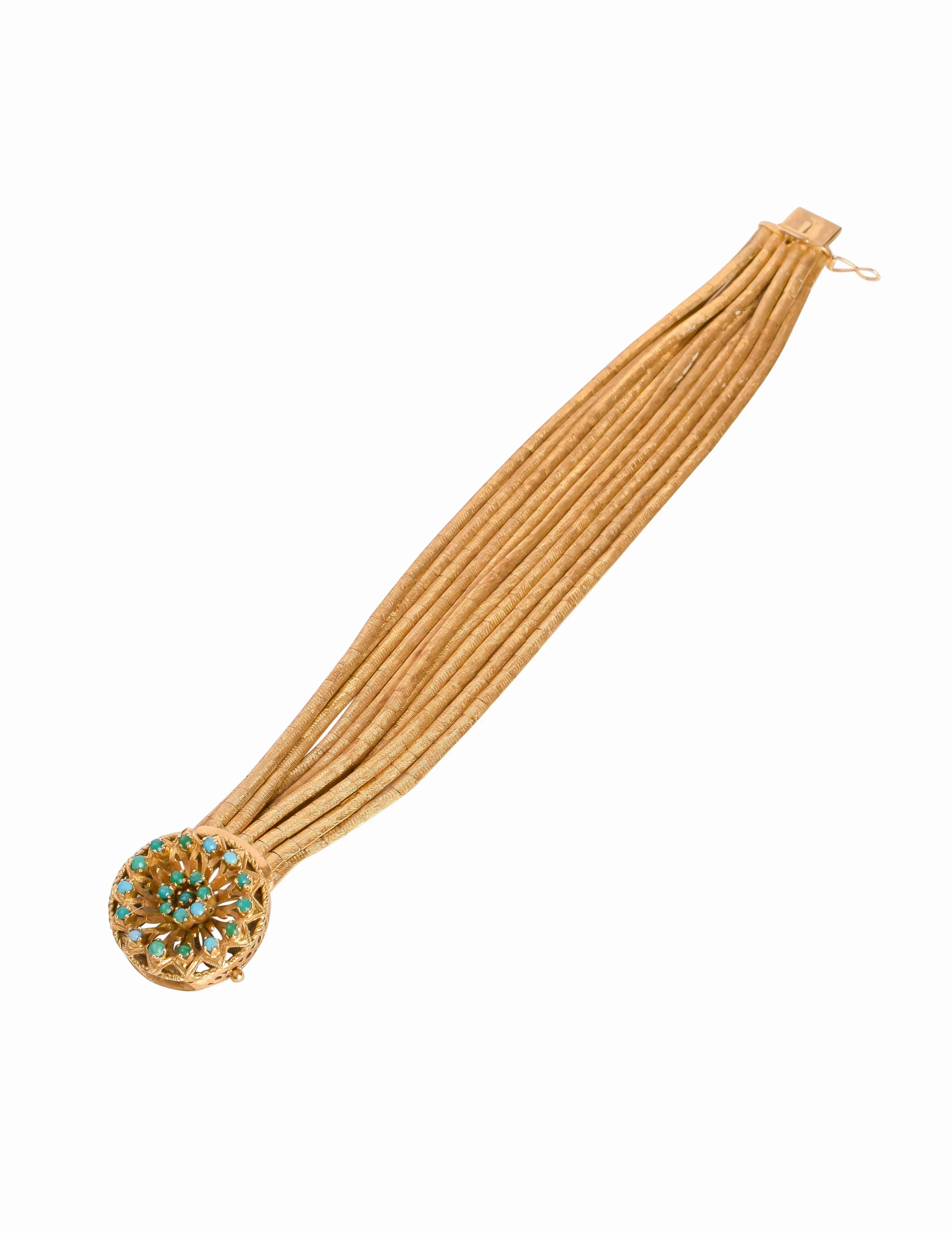 1960s Vintage Mid Century Italian 750 Gold (18k) Florentine Finish Filigree Turquoise Multistrand Spaghetti Bracelet