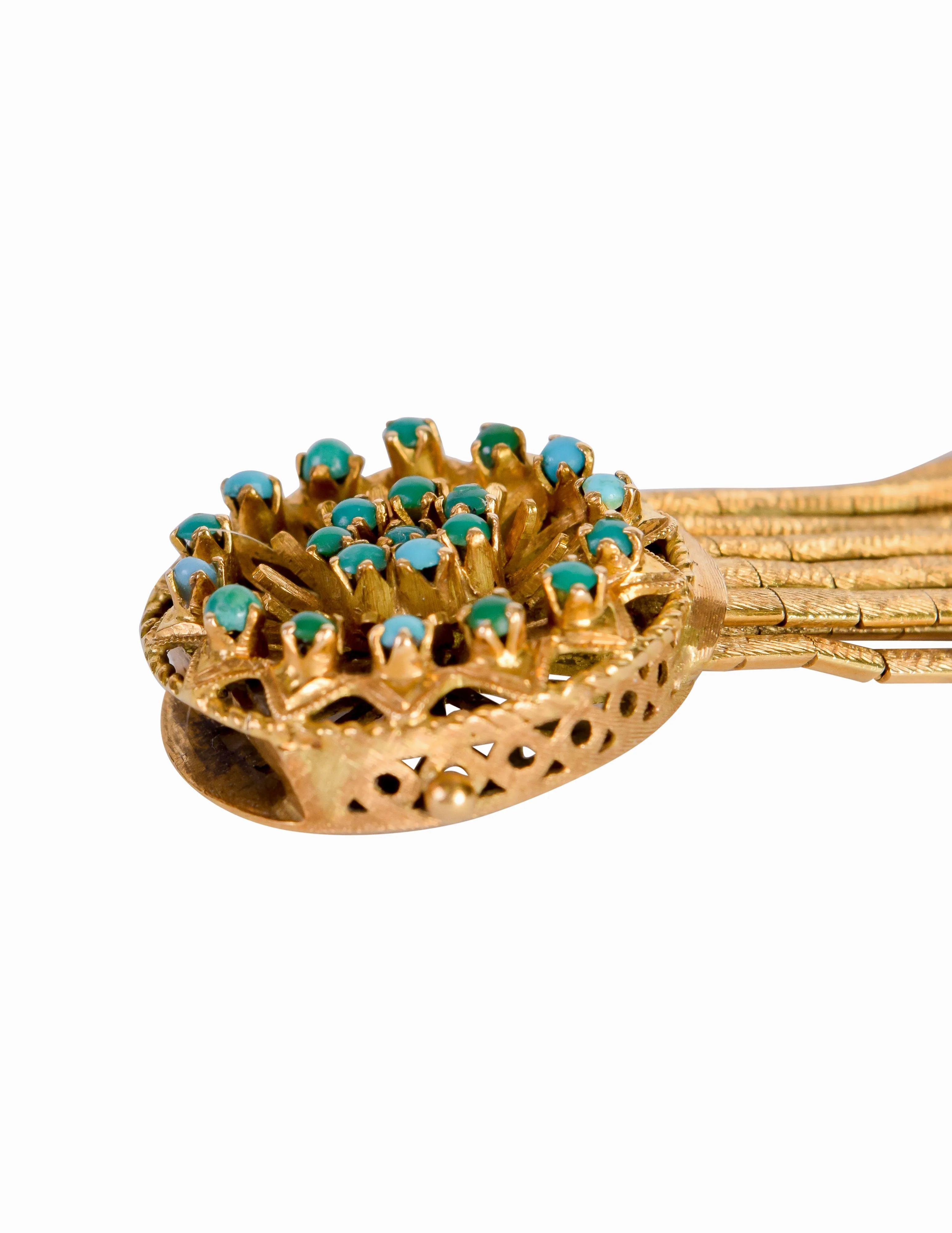 1960s Vintage Mid Century Italian 750 Gold (18k) Florentine Finish Filigree Turquoise Multistrand Spaghetti Bracelet