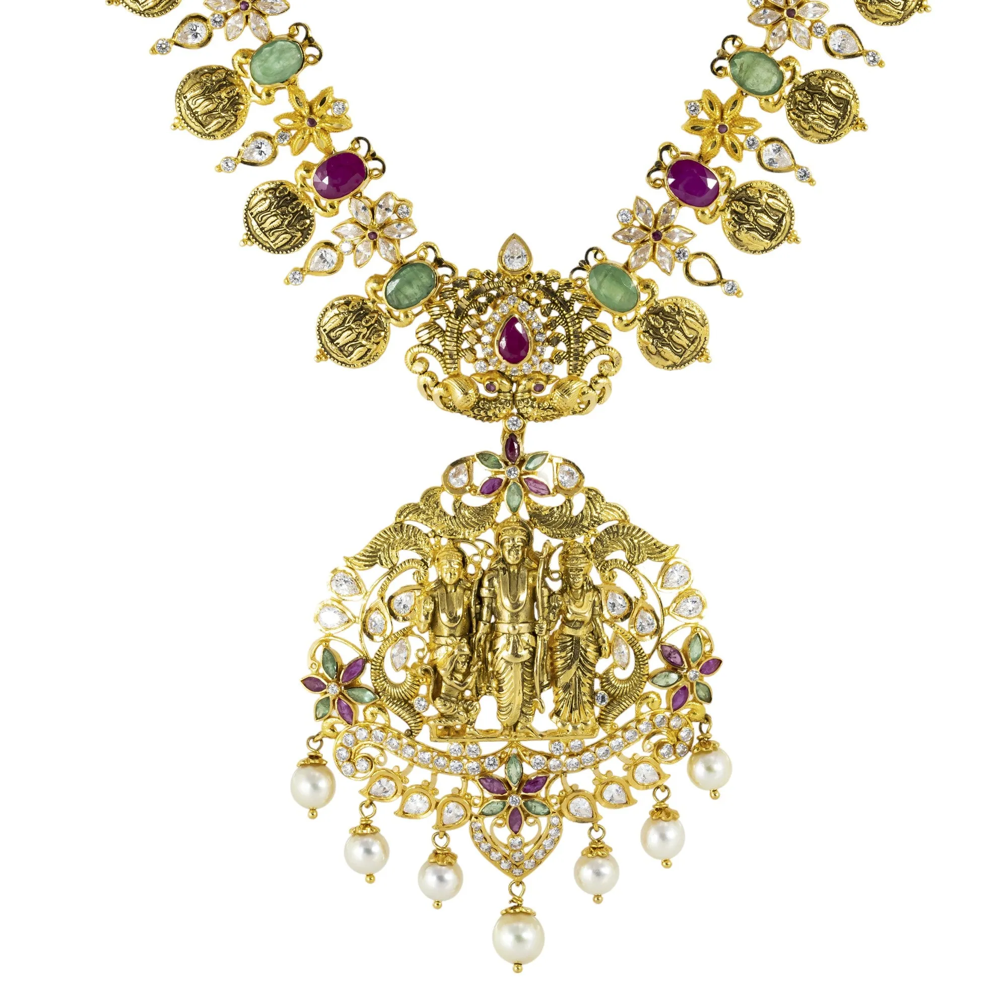 22K Antique Gold, Emerald, Ruby, Pearl, and CZ Temple Necklace (95.5gm)
