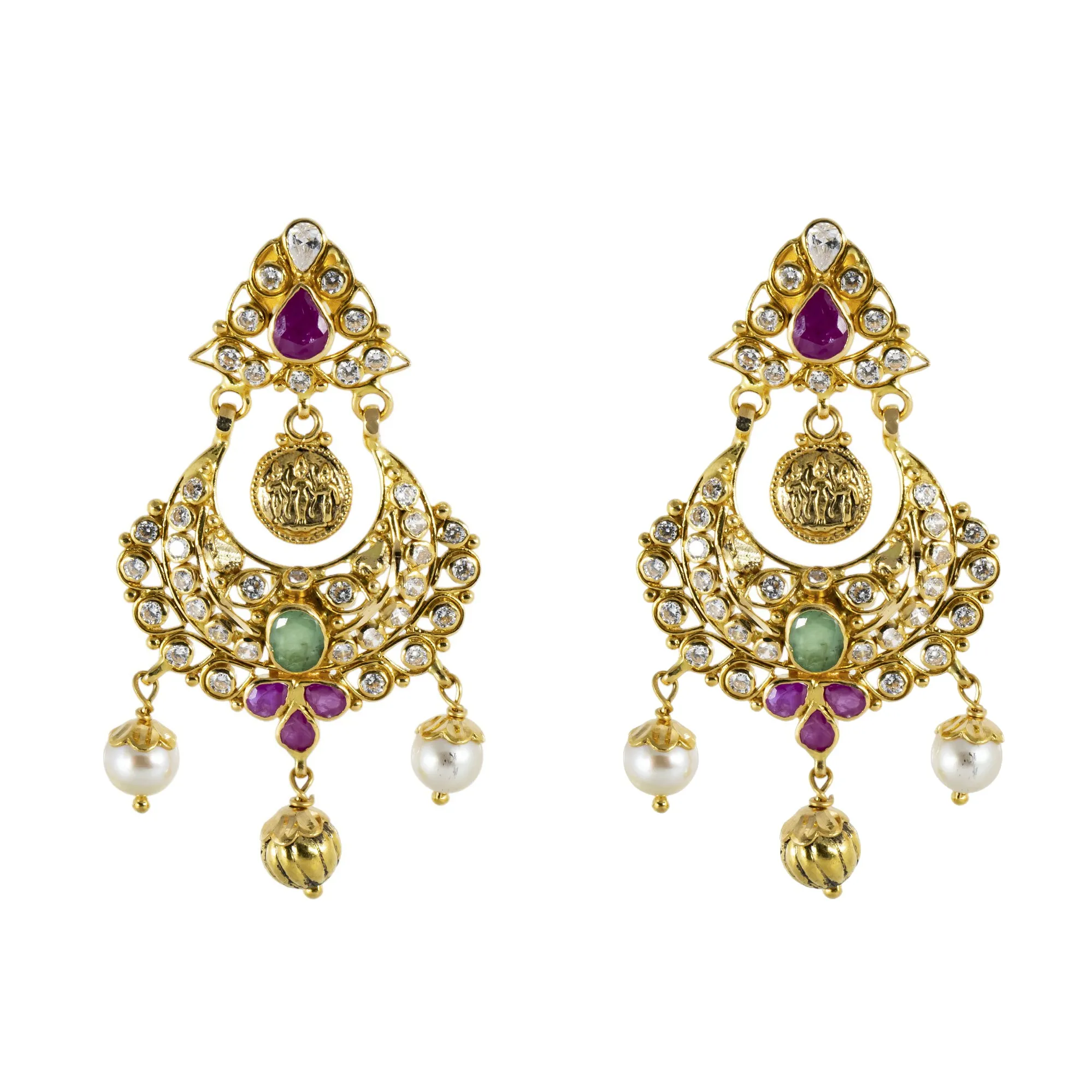 22K Antique Gold, Emerald, Ruby, Pearl, and CZ Temple Necklace (95.5gm)