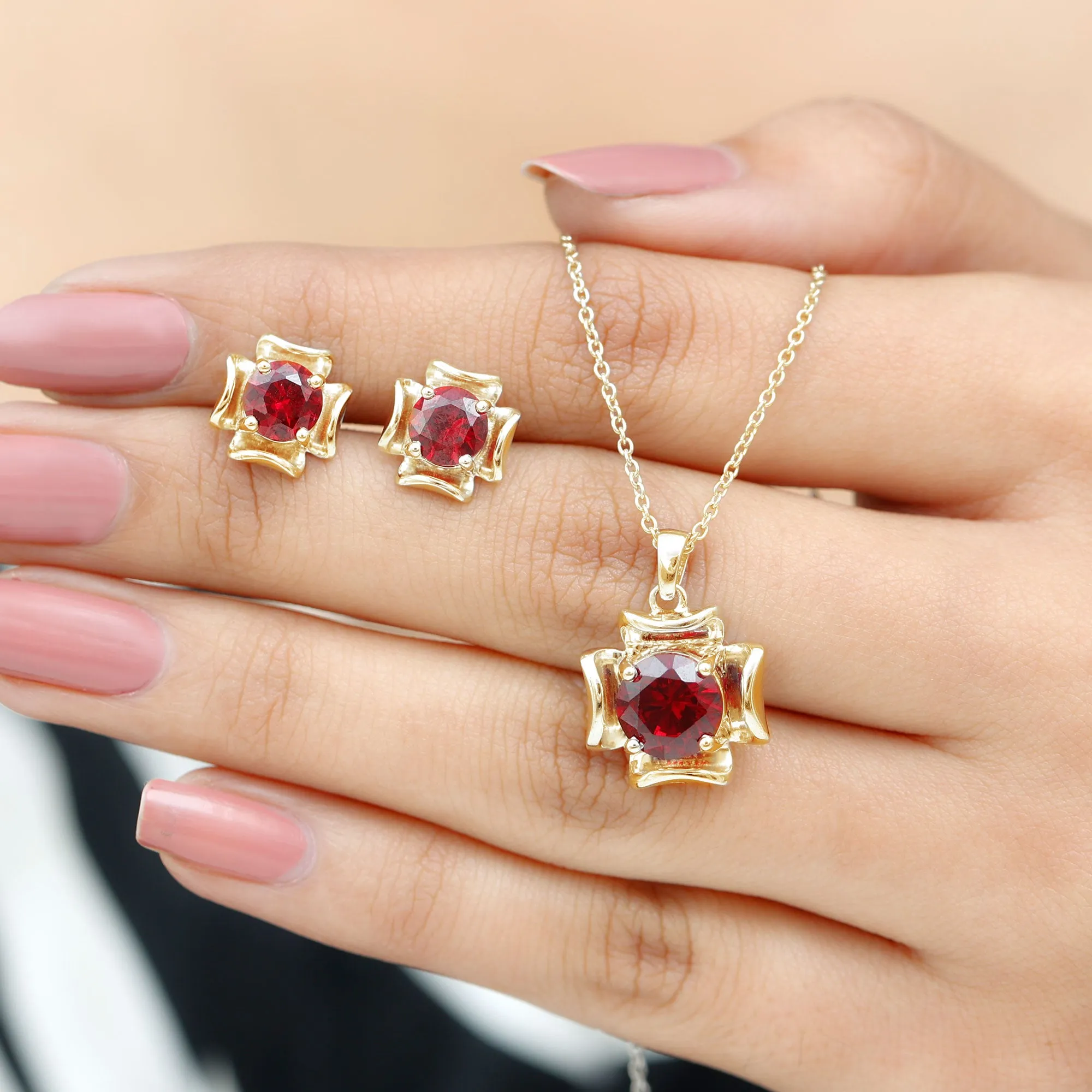 5 CT Created Ruby Pendant and Earrings Set in Gold