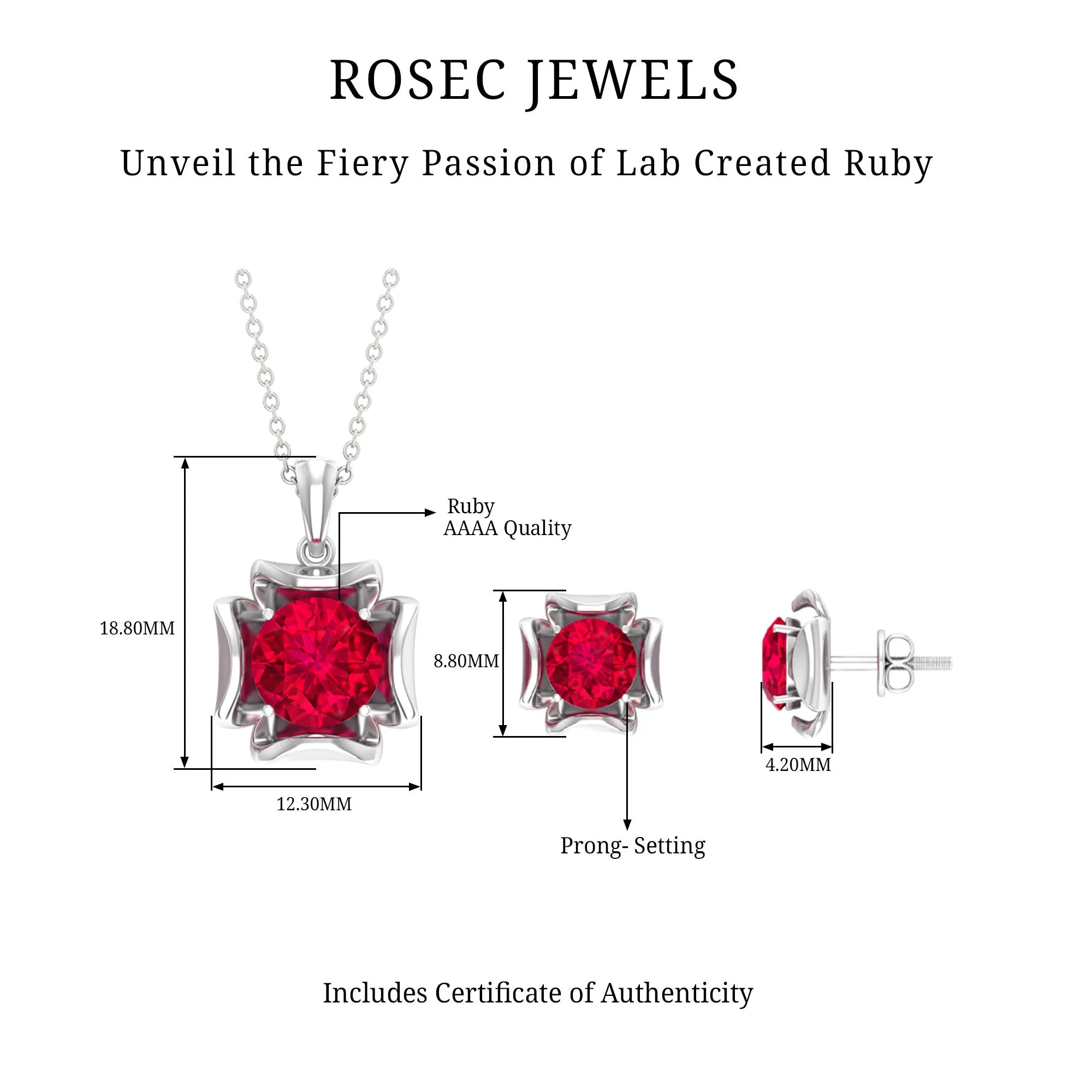 5 CT Created Ruby Pendant and Earrings Set in Gold