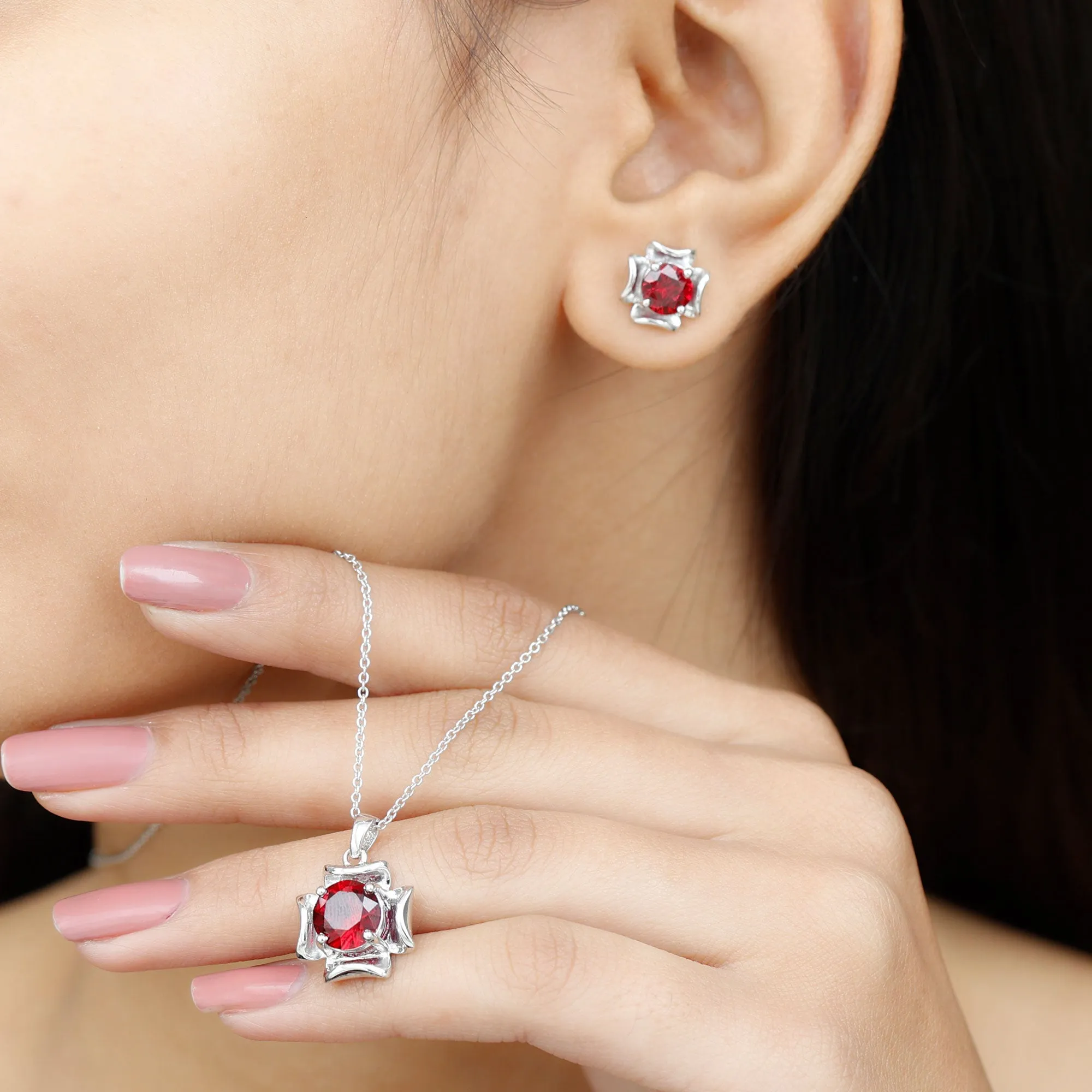 5 CT Created Ruby Pendant and Earrings Set in Gold