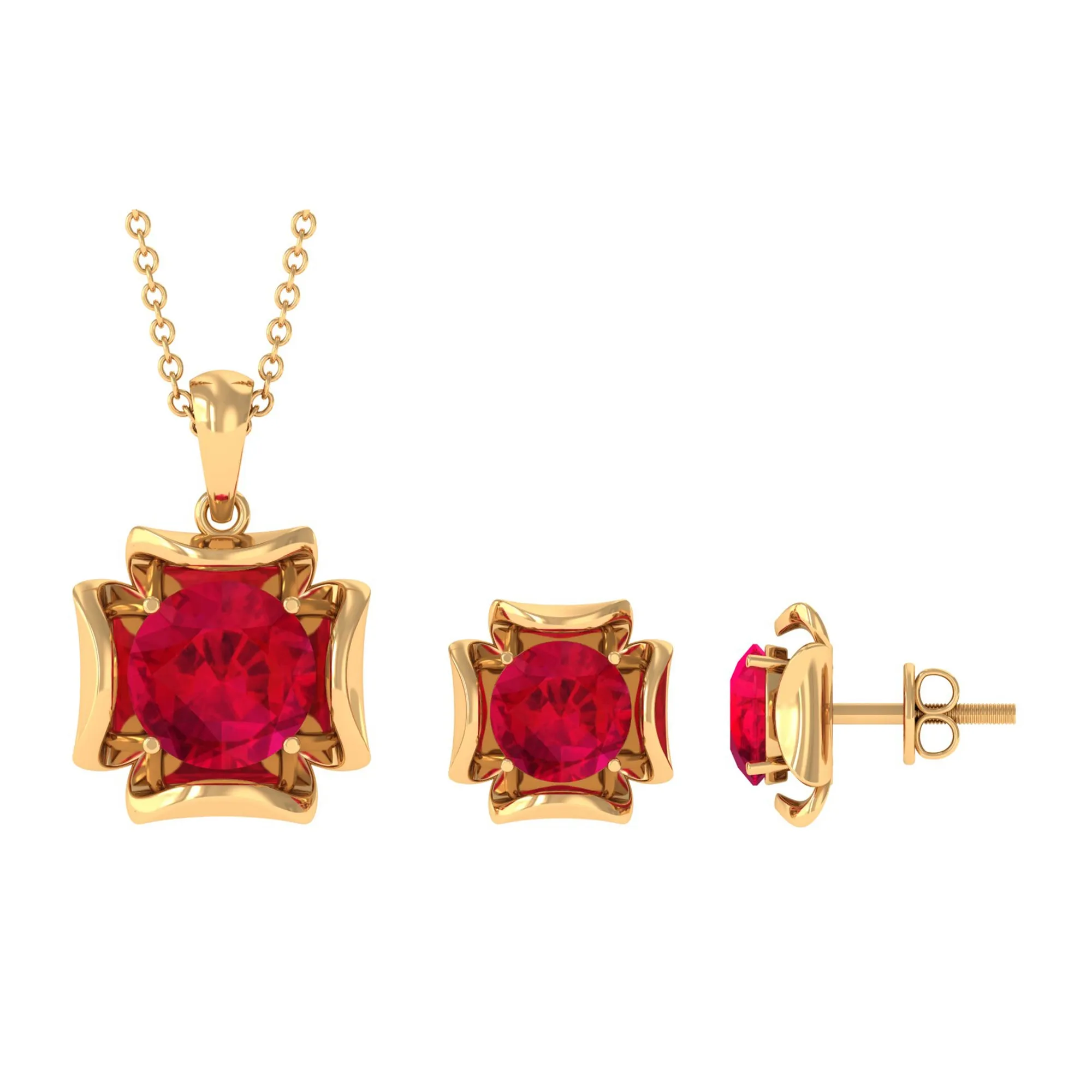 5 CT Created Ruby Pendant and Earrings Set in Gold