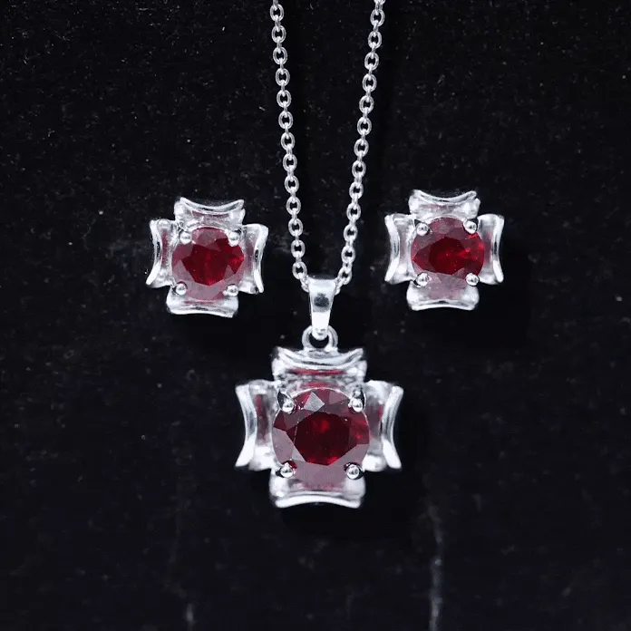 5 CT Created Ruby Pendant and Earrings Set in Gold