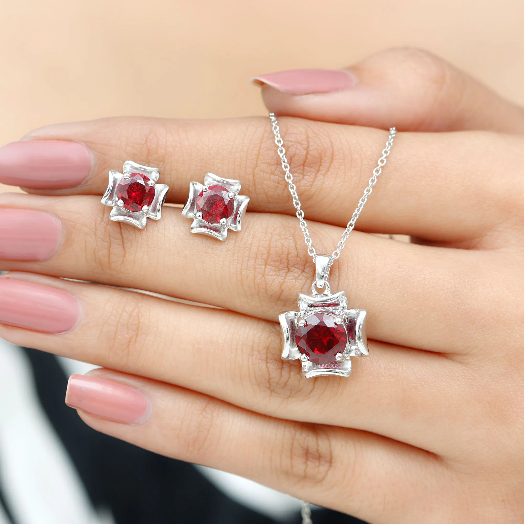 5 CT Created Ruby Pendant and Earrings Set in Gold