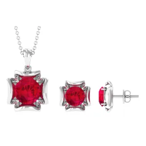 5 CT Created Ruby Pendant and Earrings Set in Gold