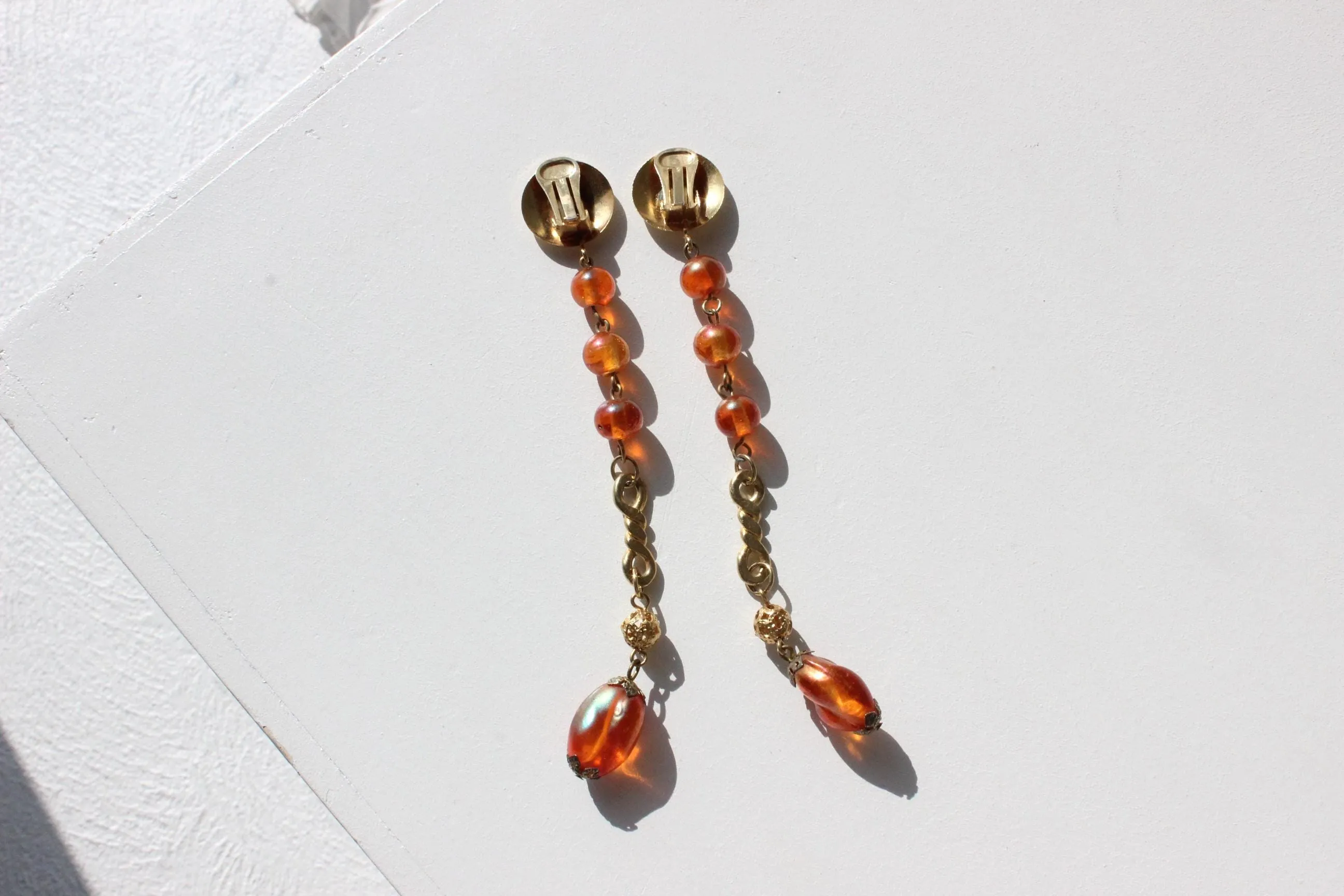 80s Extra Long Gold & Amber Droplet Clip On Earrings