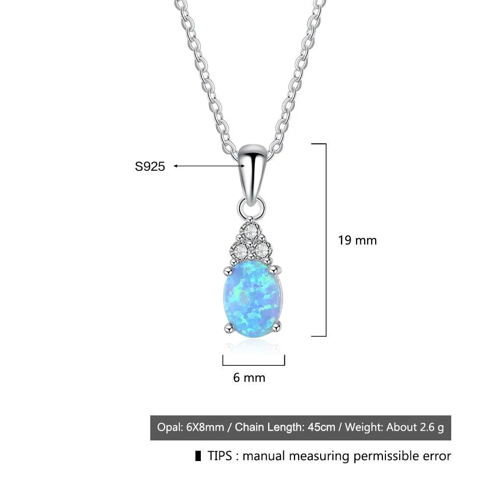 925 Sterling Silver Jewelry Necklace with Oval Blue Opal Stone Pendant