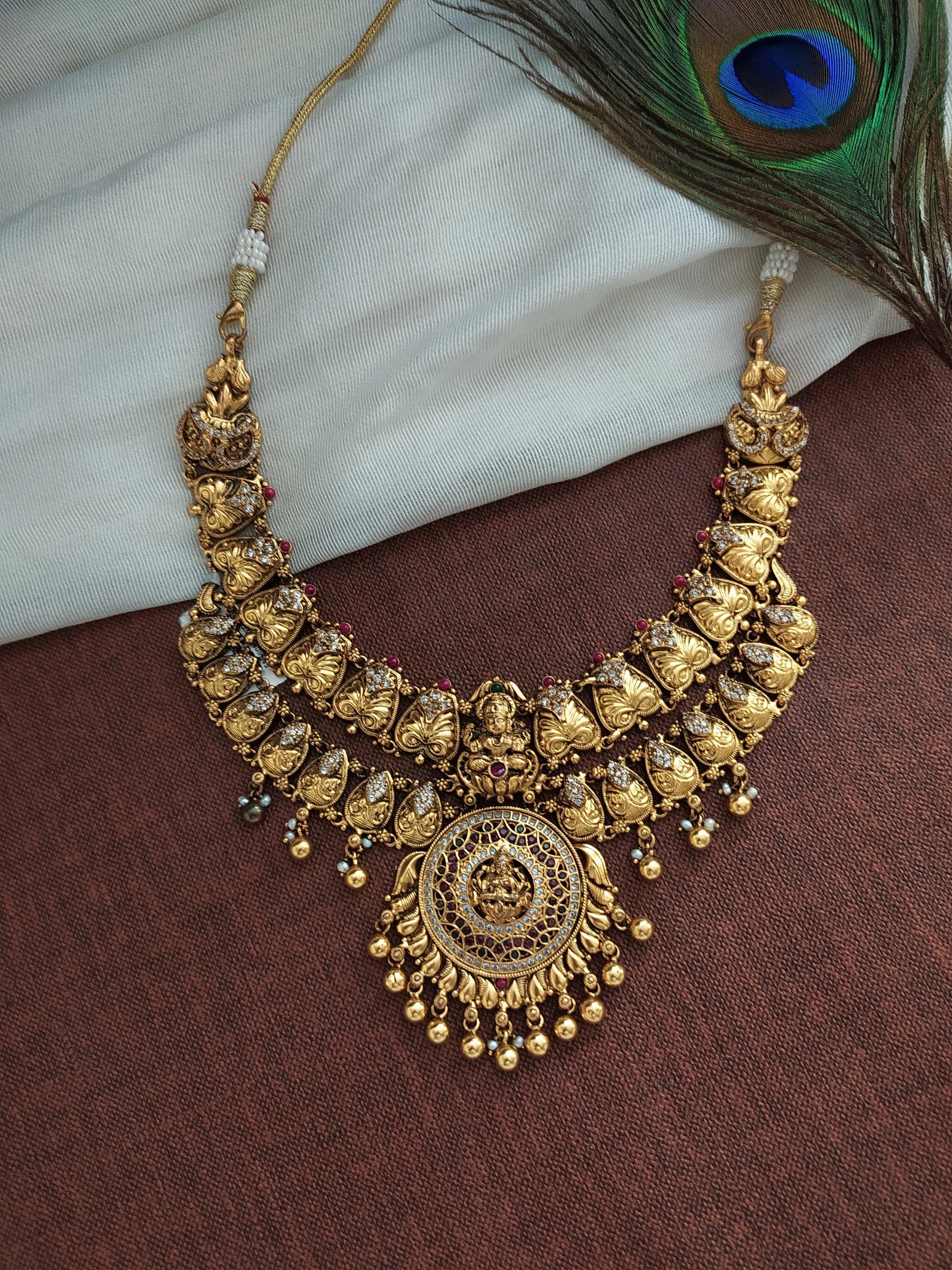 Antique Silver Polish Necklace With Golden Danglings in Ruby(stone)