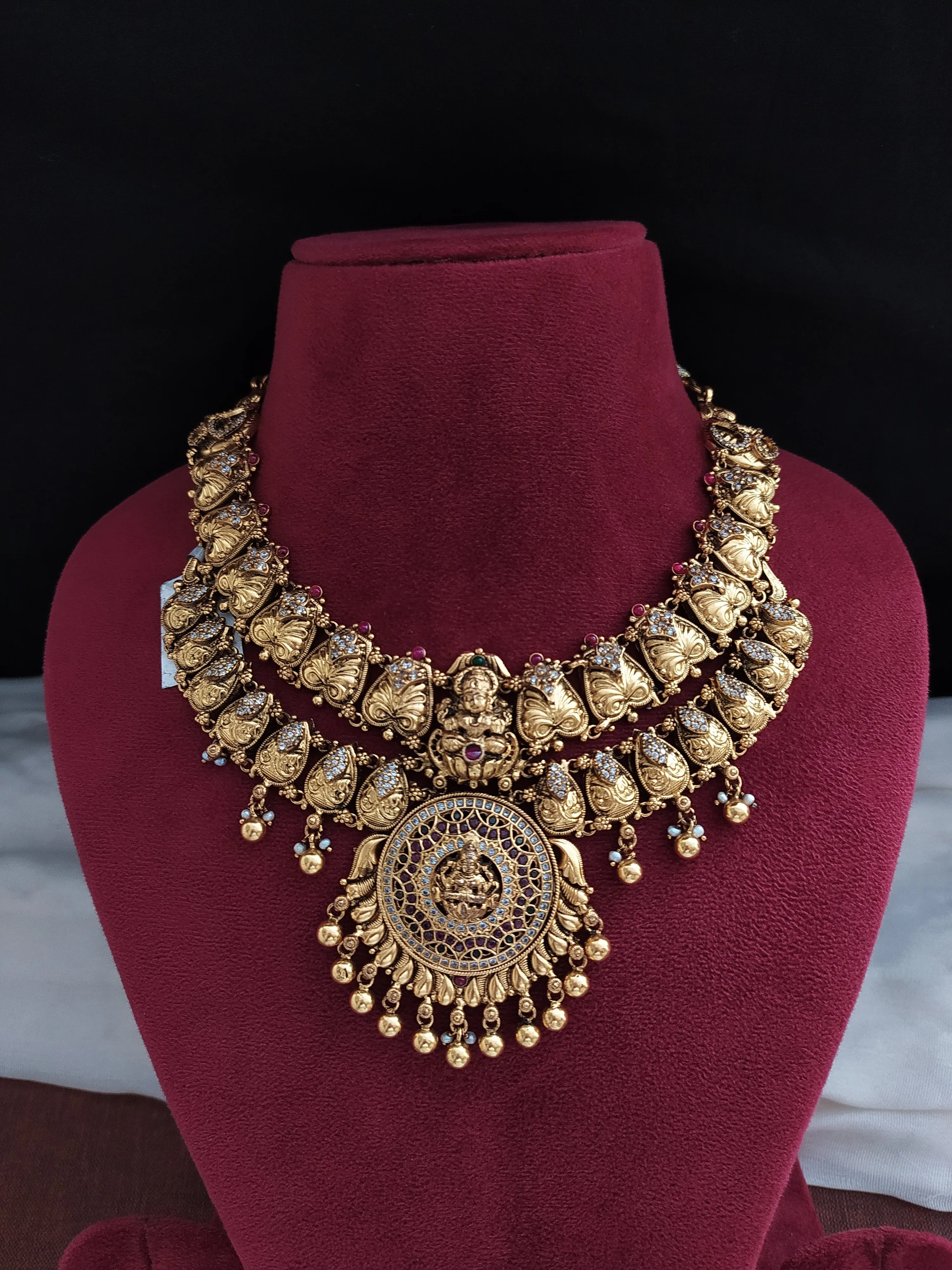 Antique Silver Polish Necklace With Golden Danglings in Ruby(stone)