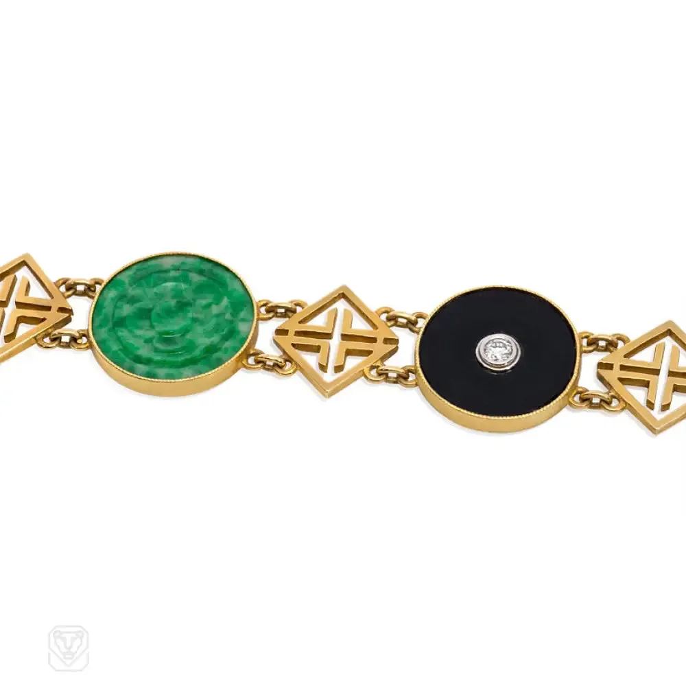 Art Deco gold, jade, and onyx link bracelet.  Tiffany