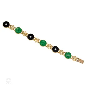 Art Deco gold, jade, and onyx link bracelet.  Tiffany