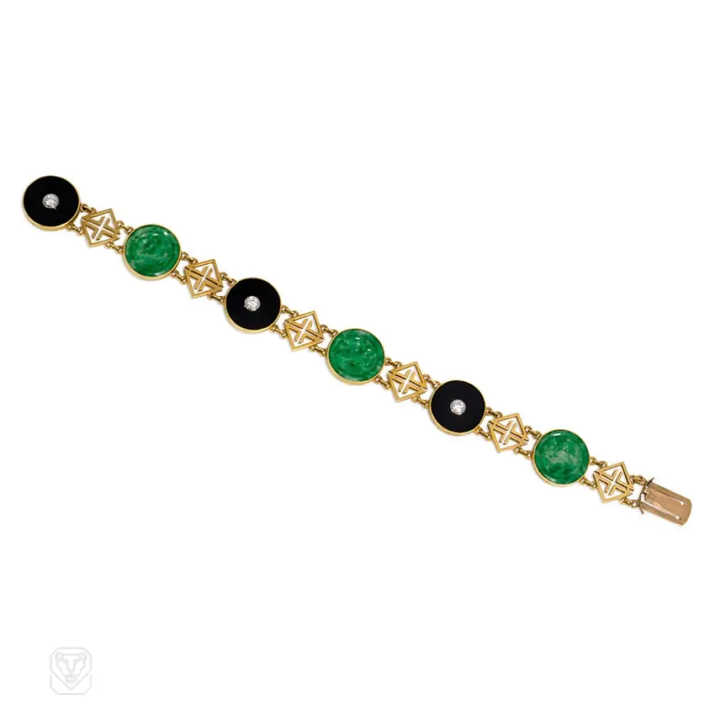 Art Deco gold, jade, and onyx link bracelet.  Tiffany