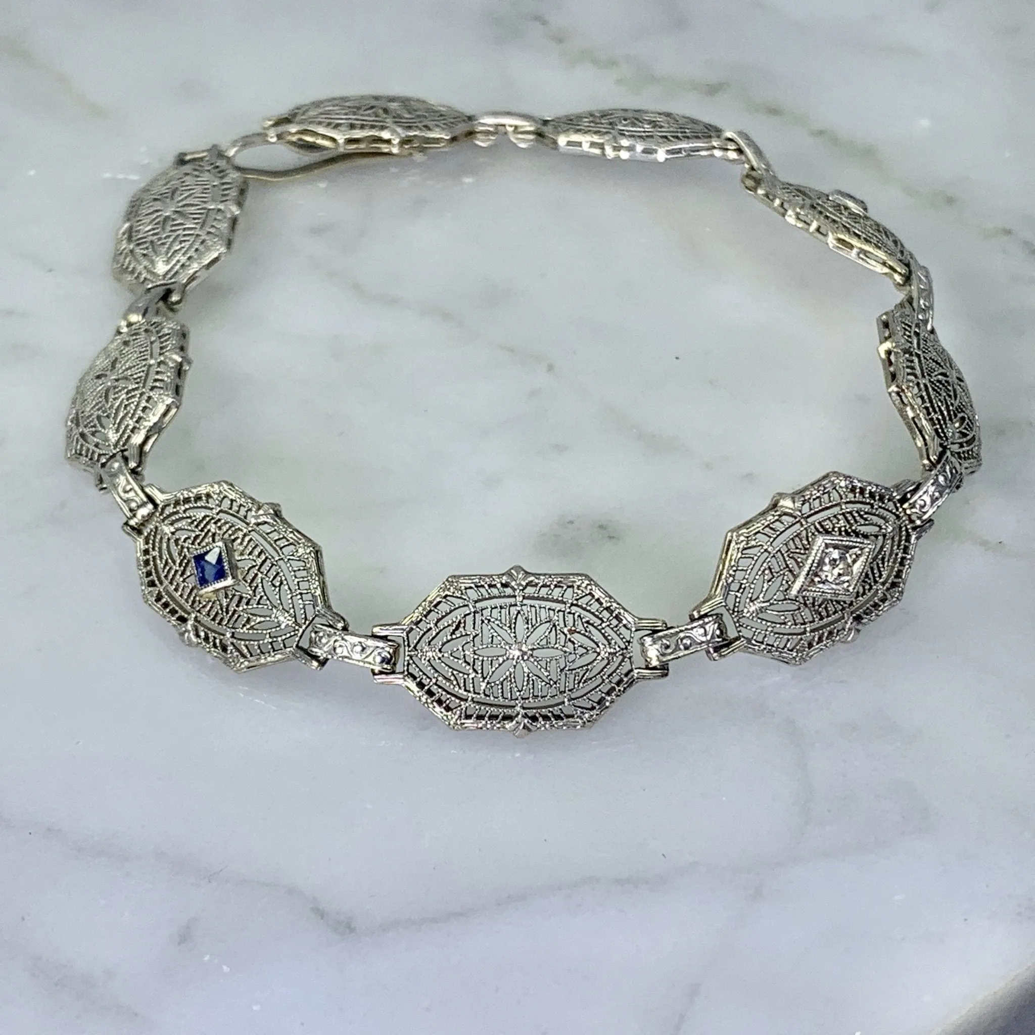 Art Deco Sapphire Diamond Bracelet in a 14k Gold Filigree Setting. Estate Jewelry. 1920s.