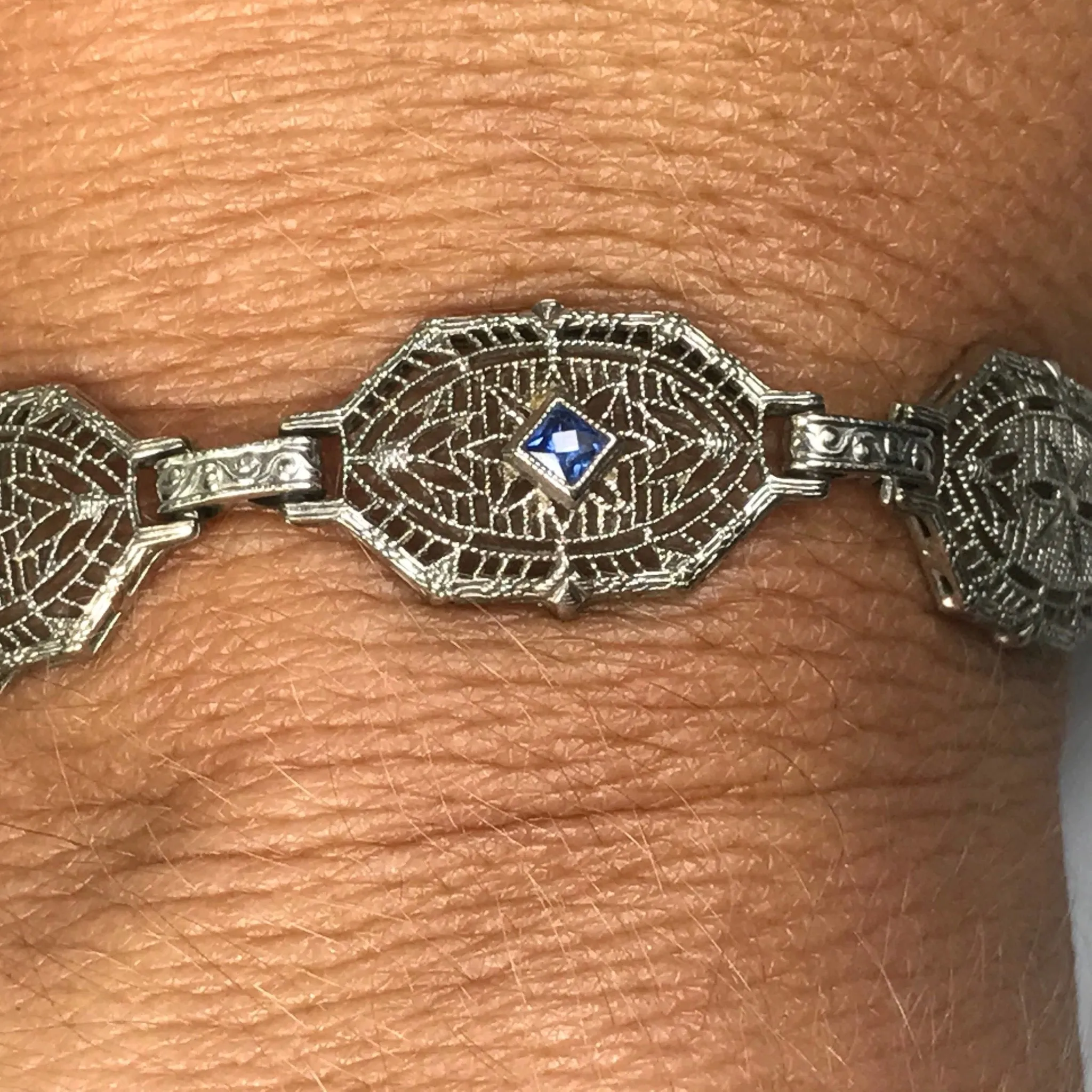 Art Deco Sapphire Diamond Bracelet in a 14k Gold Filigree Setting. Estate Jewelry. 1920s.