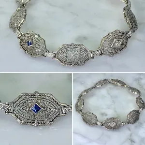 Art Deco Sapphire Diamond Bracelet in a 14k Gold Filigree Setting. Estate Jewelry. 1920s.