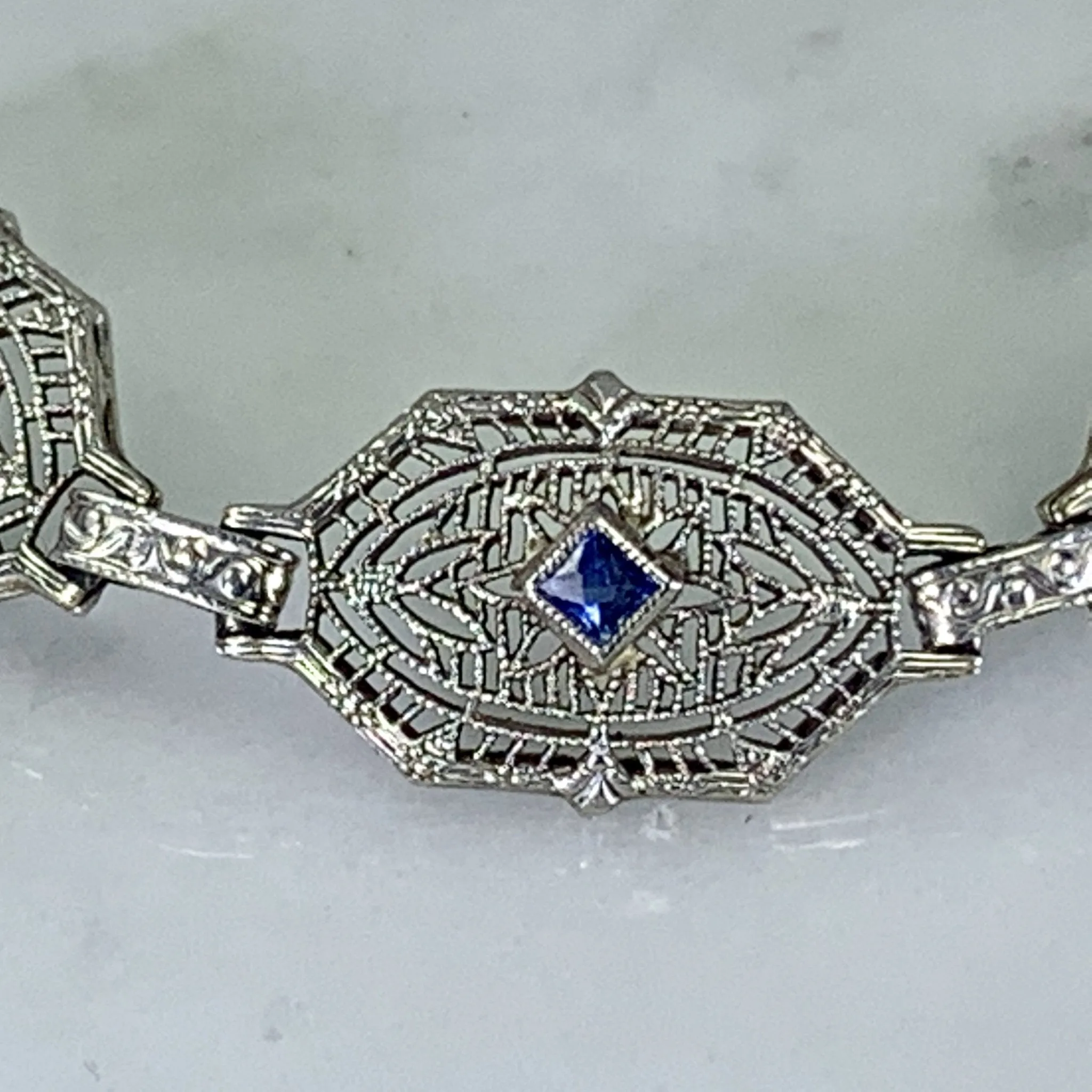Art Deco Sapphire Diamond Bracelet in a 14k Gold Filigree Setting. Estate Jewelry. 1920s.