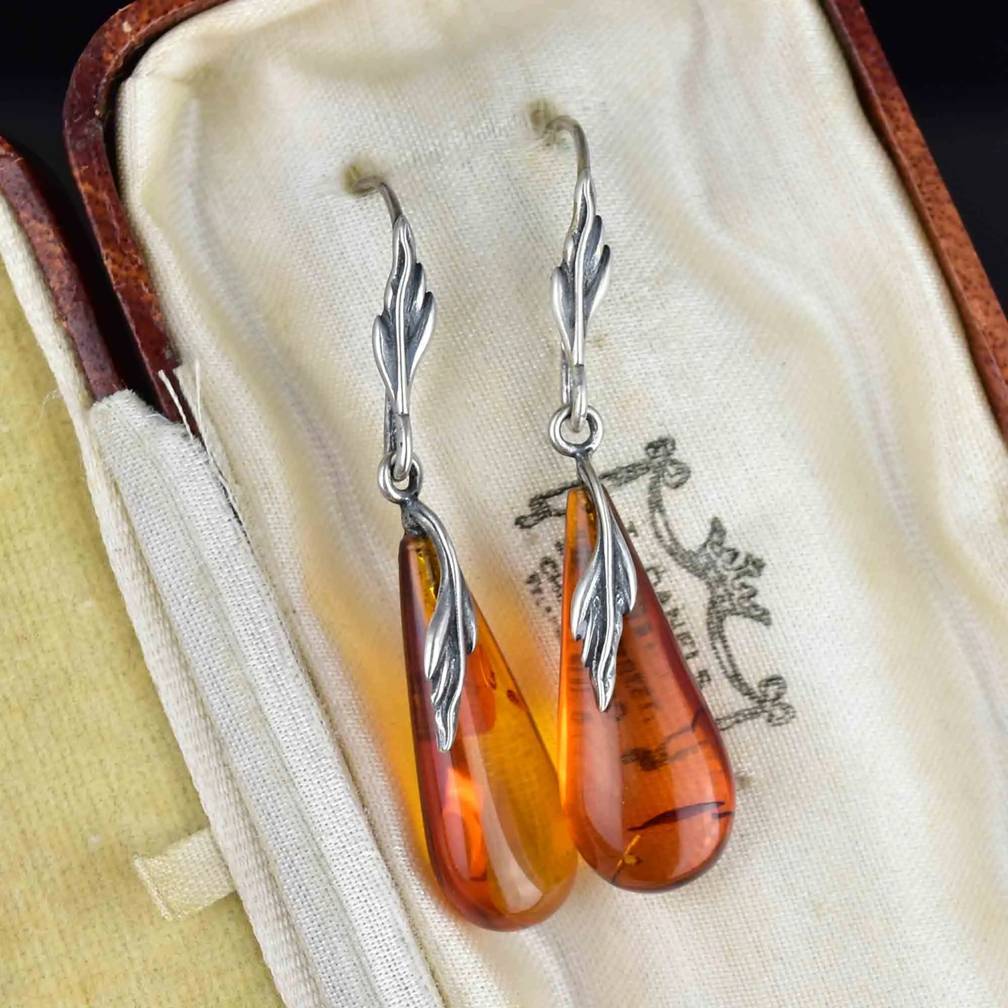Arts and Crafts Style Silver Leaf Amber Cabochon Drop Earrings