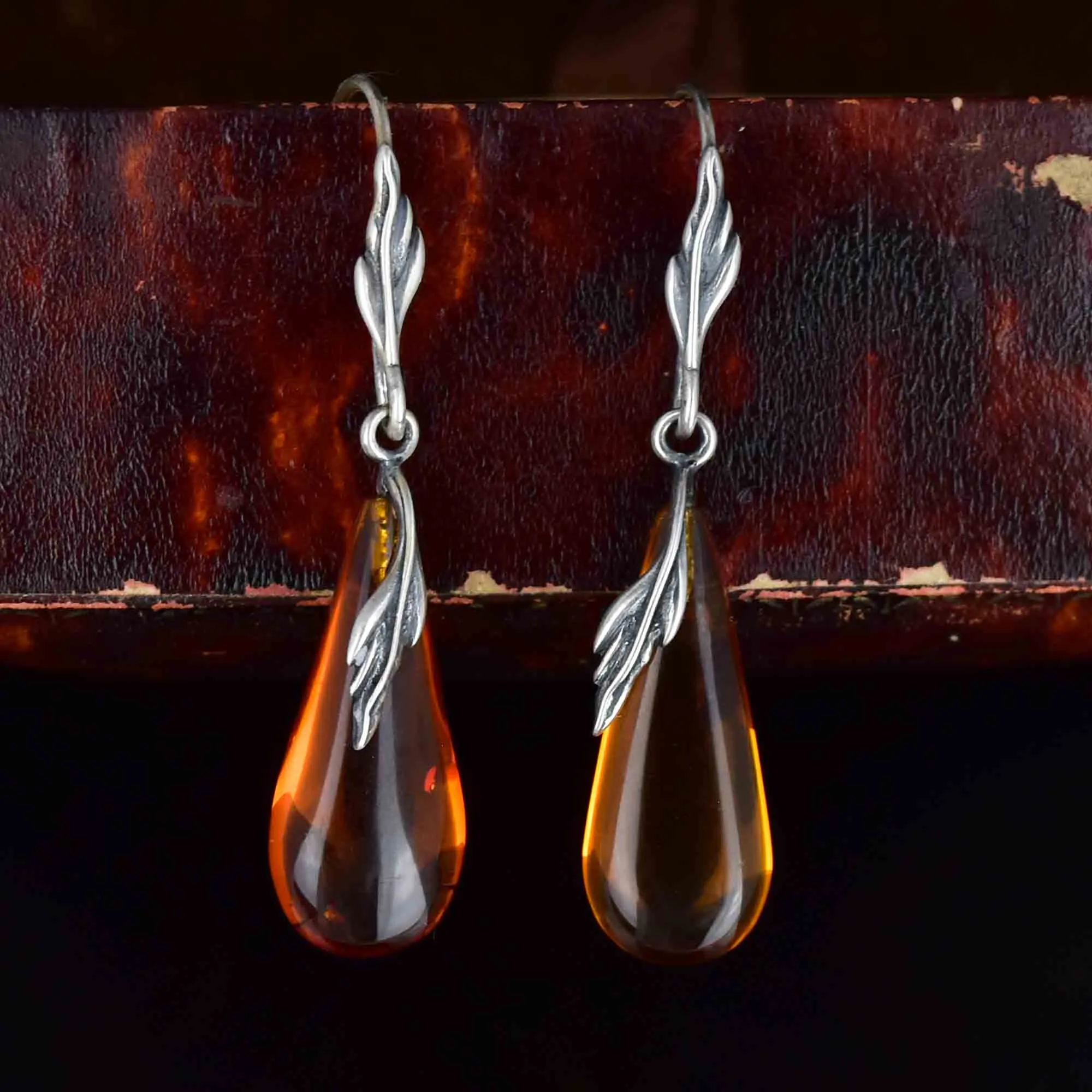 Arts and Crafts Style Silver Leaf Amber Cabochon Drop Earrings
