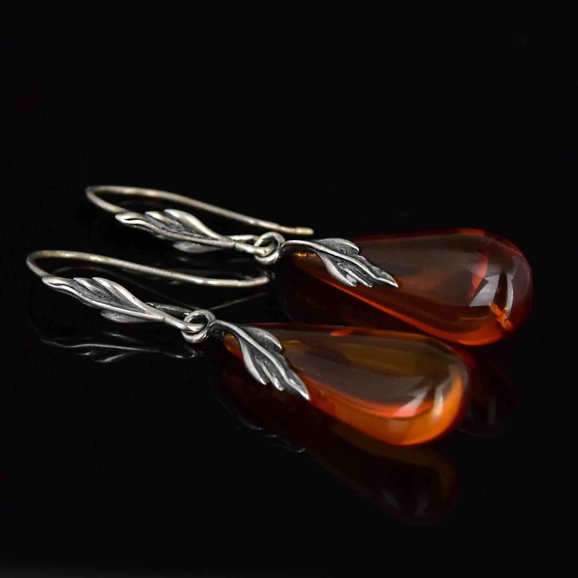 Arts and Crafts Style Silver Leaf Amber Cabochon Drop Earrings