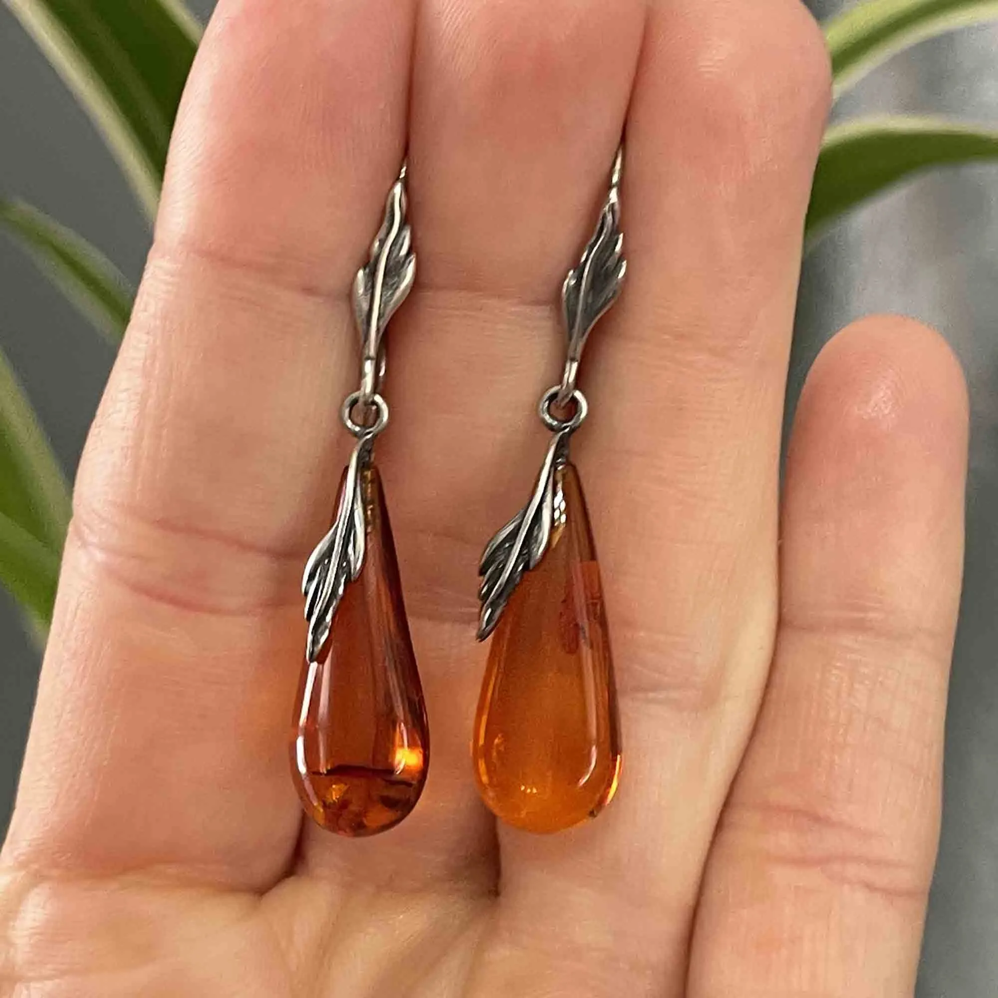 Arts and Crafts Style Silver Leaf Amber Cabochon Drop Earrings